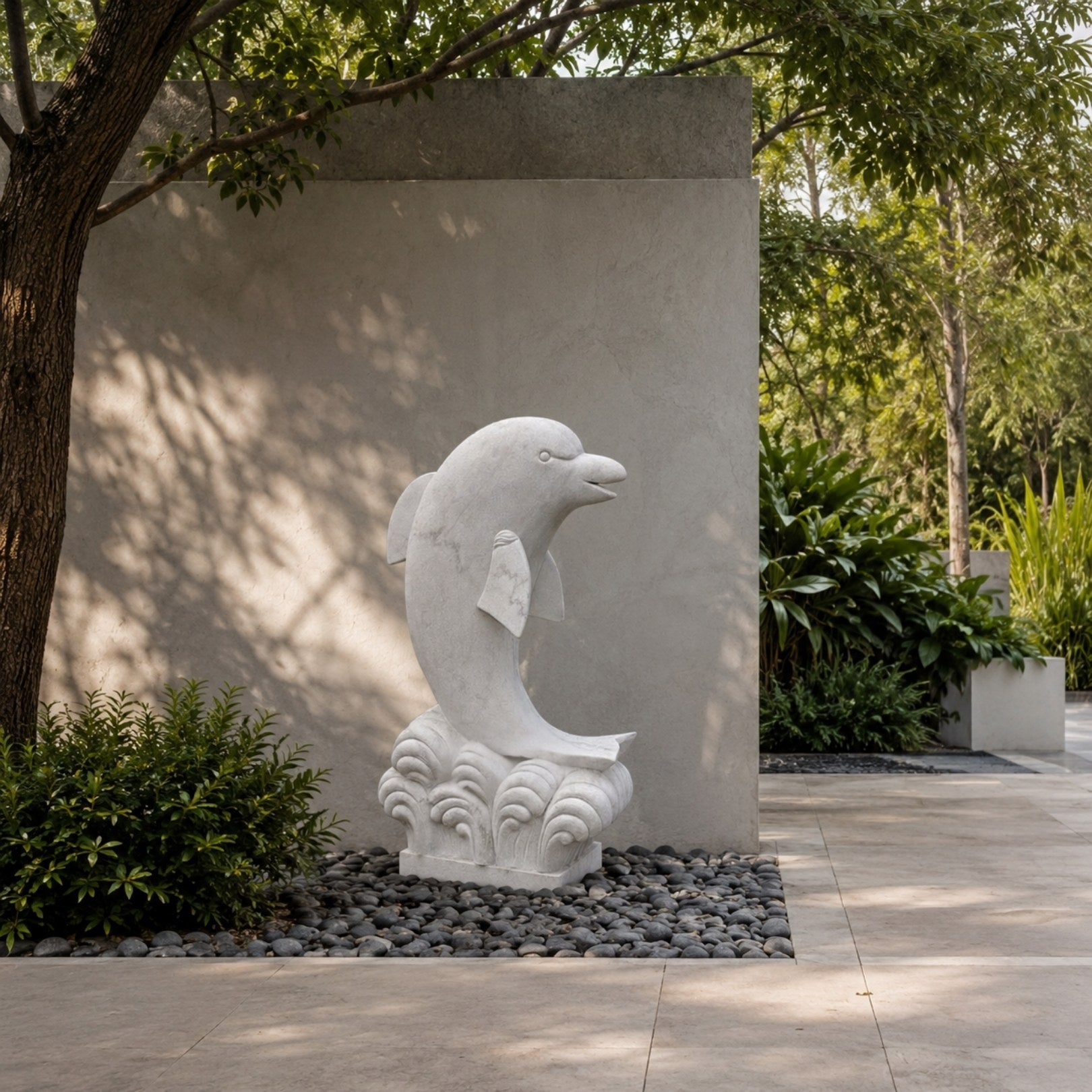 White marble dolphin on its slab against a stone wall