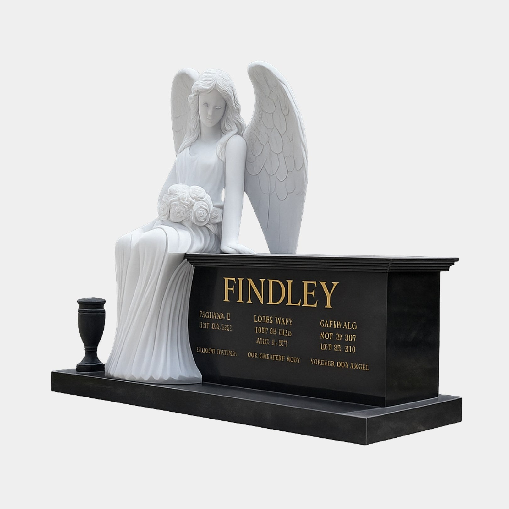 White marble angel seated beside a polished black granite chest and urn, 160cm
