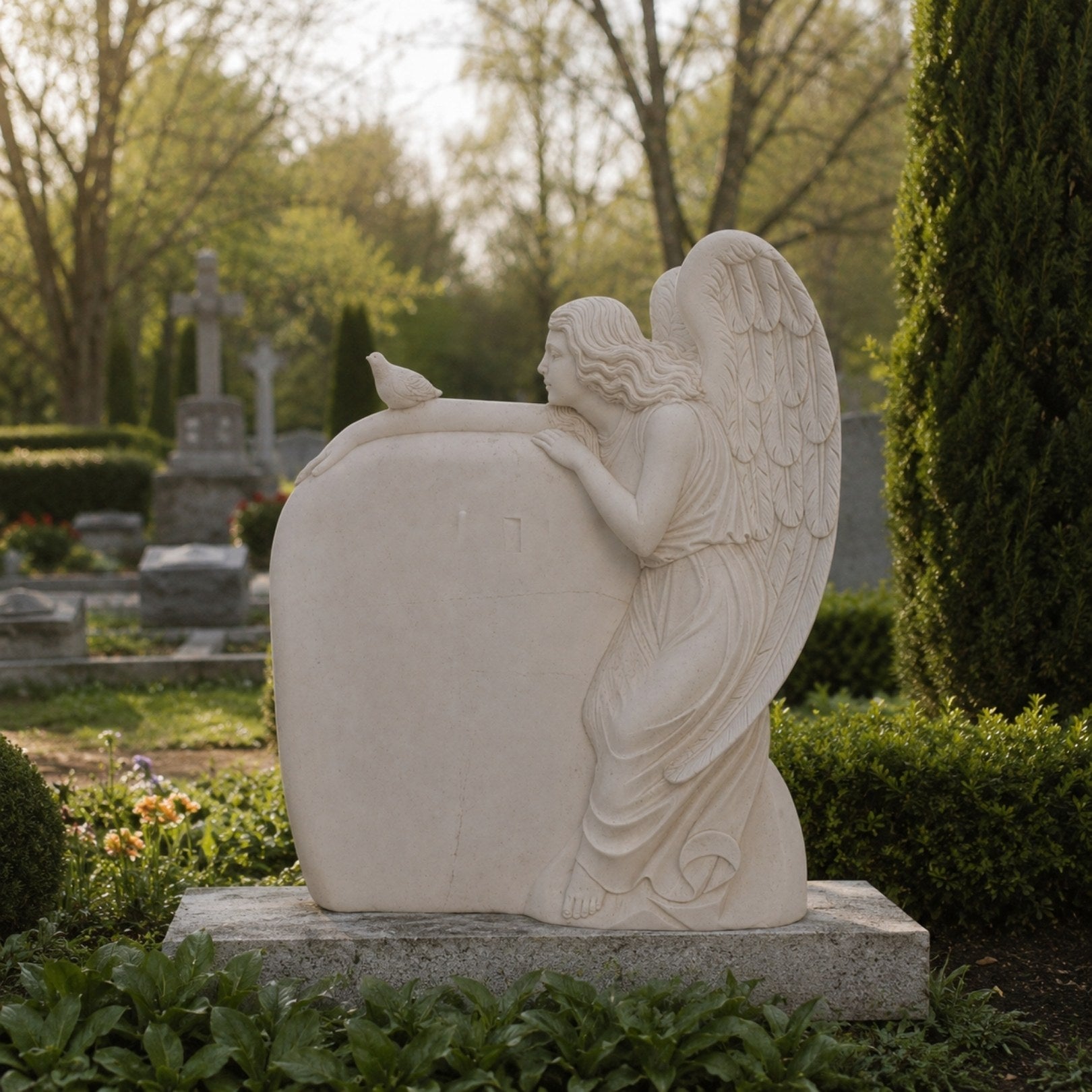 Marble angel and dove headstone shown on a cemetery plot