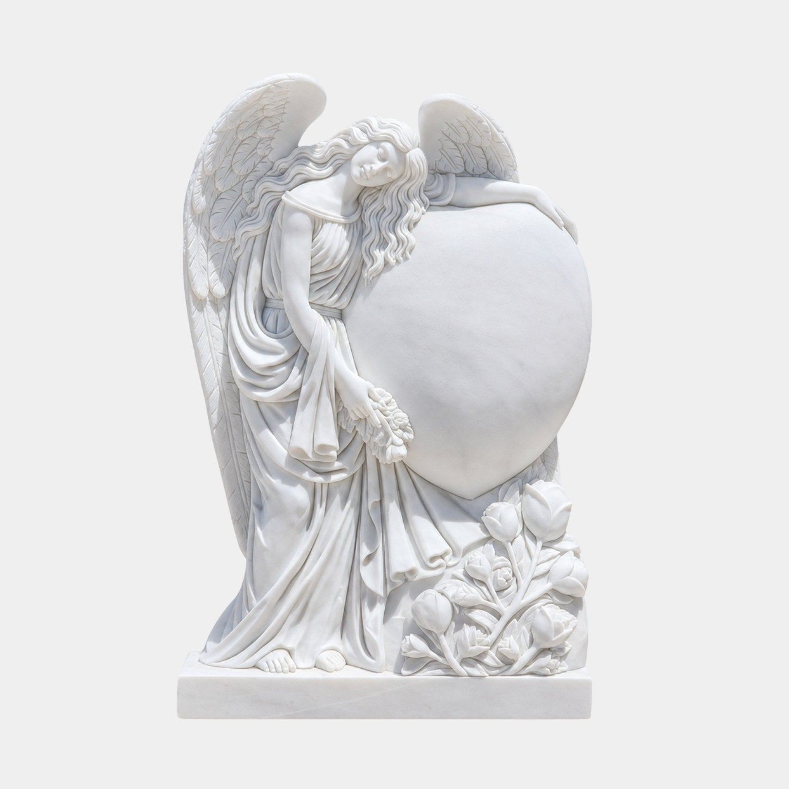 White marble angel resting against a large heart tablet with carved tulips, 170cm