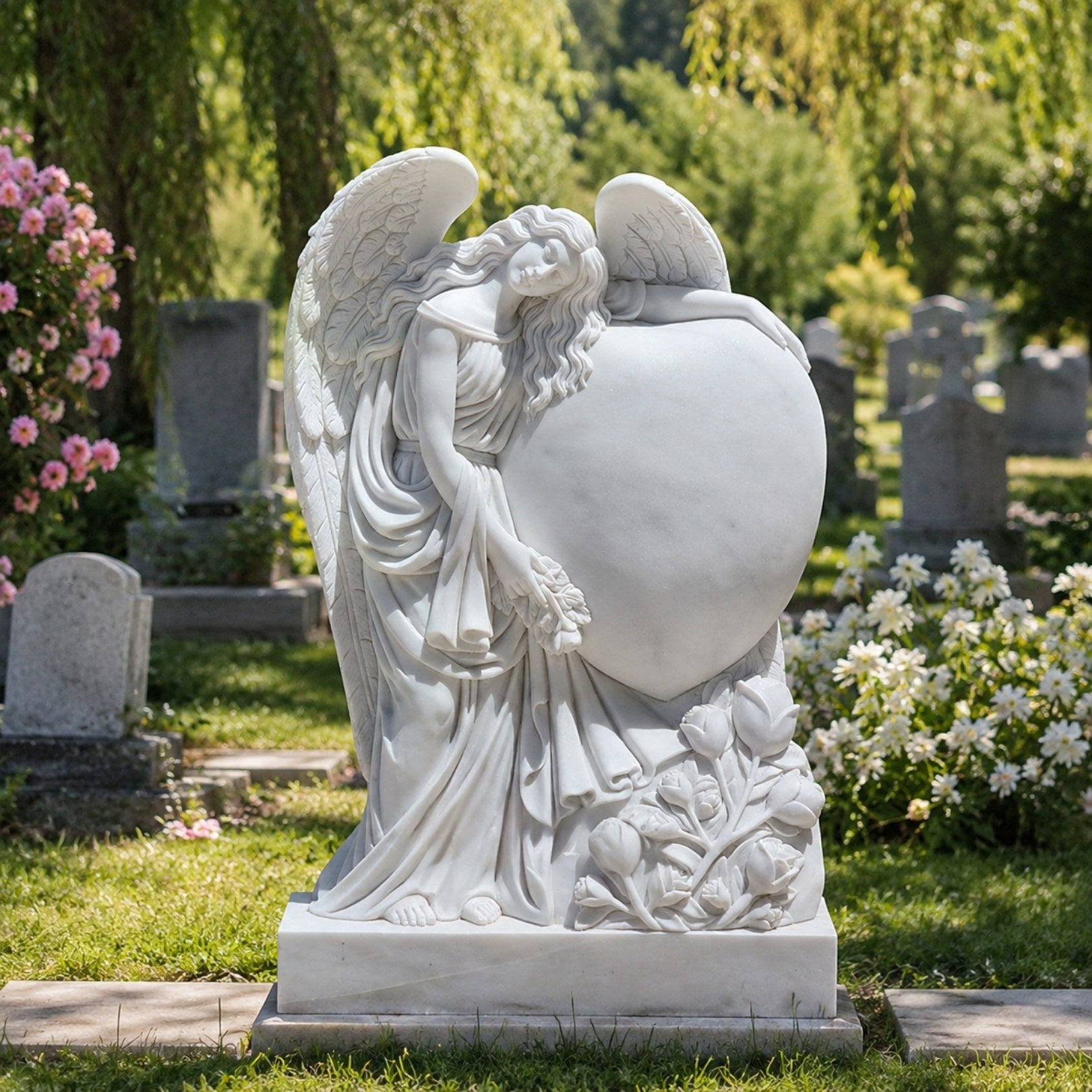 Marble angel and heart memorial shown on a cemetery plot in summer