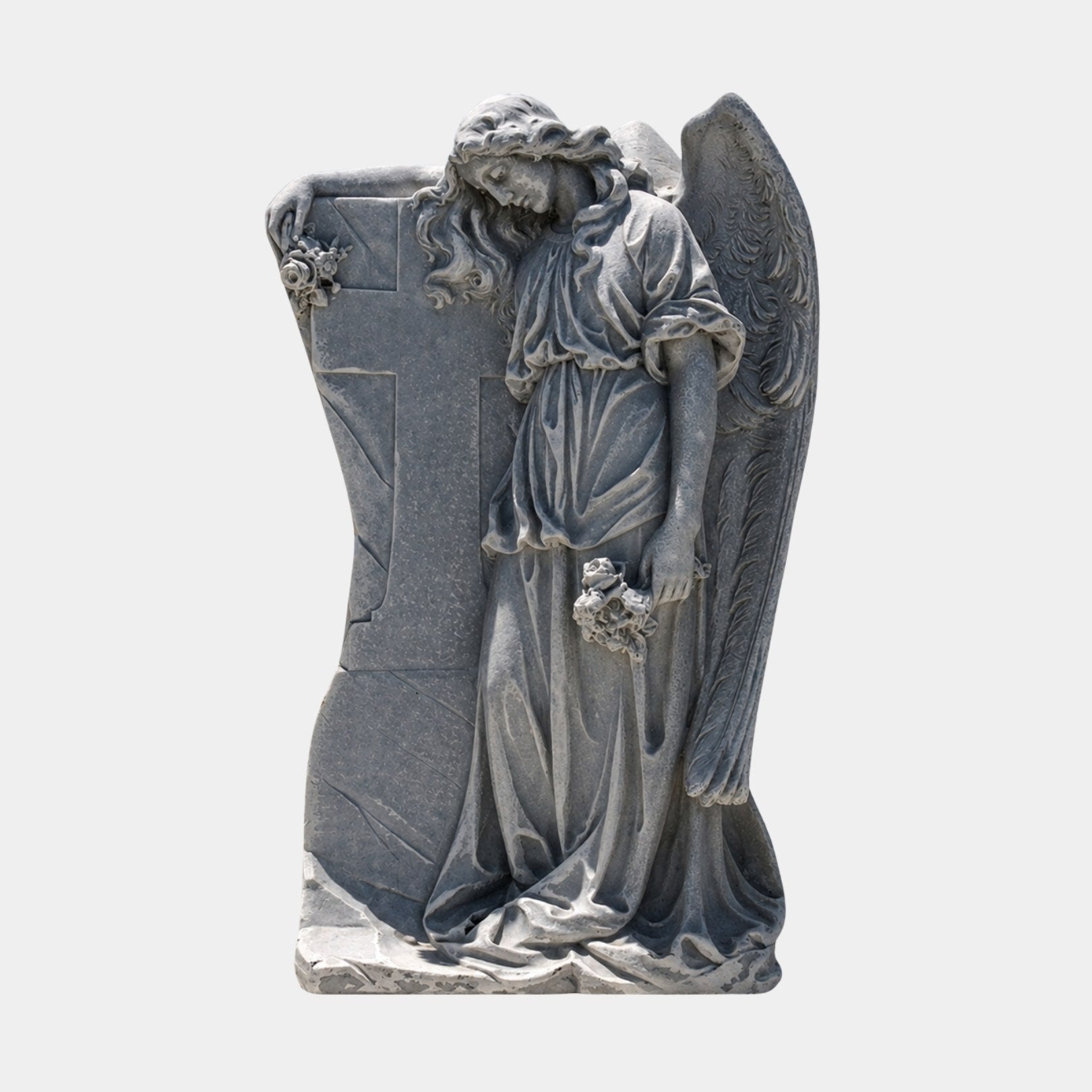 Antiqued grey marble weeping angel leaning on a tall Latin cross slab, 200cm