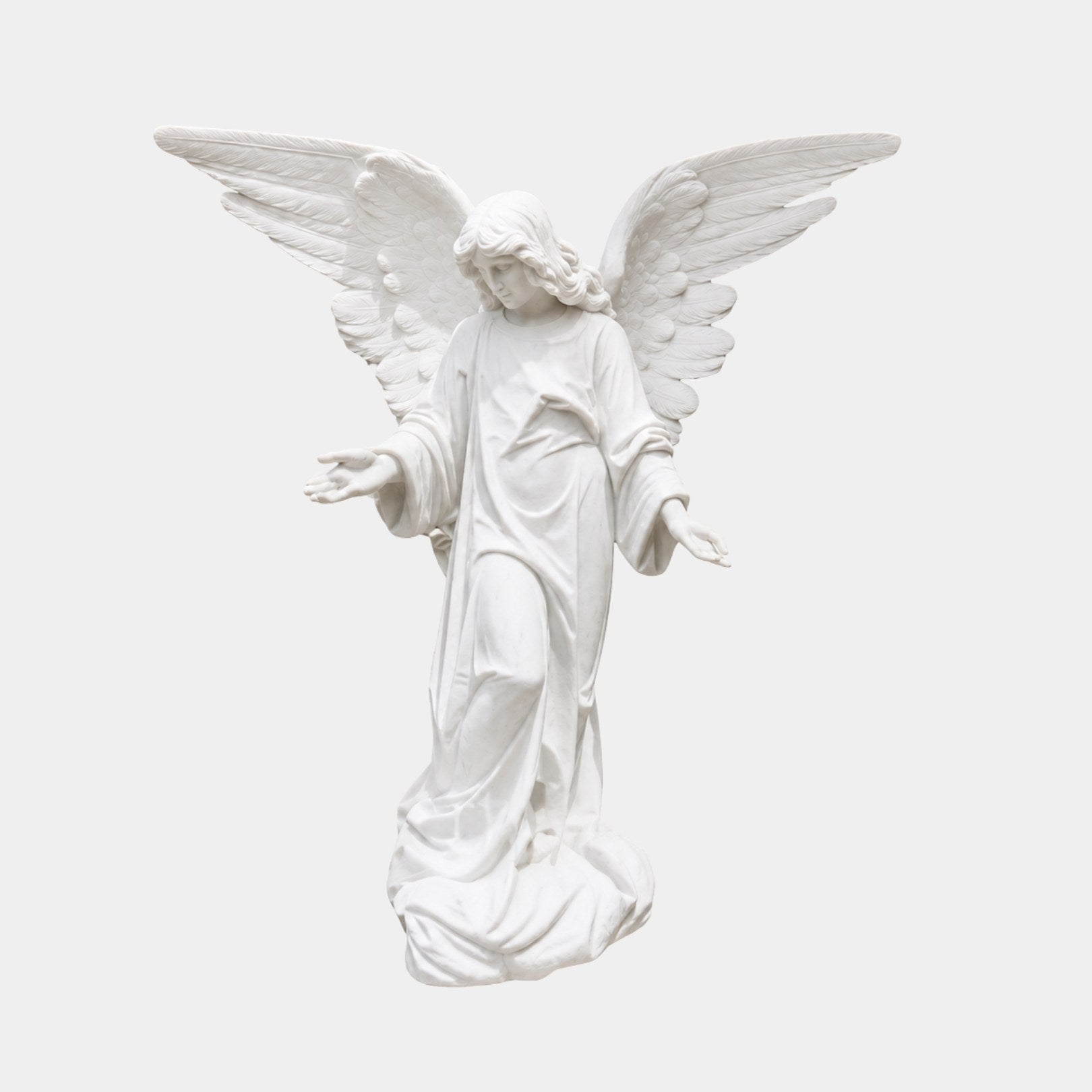 White marble standing angel with wings spread and arms opened on a cloud base, 220cm
