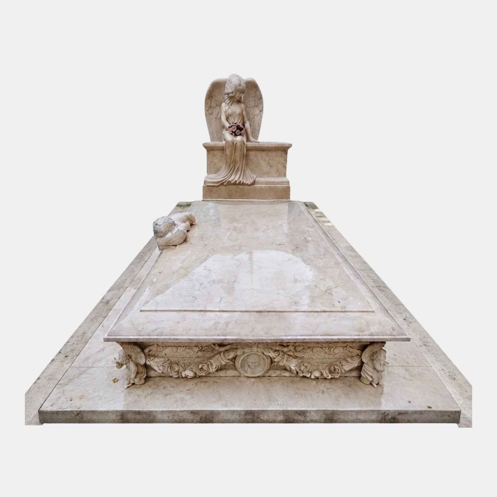Marble chest tomb with a rose swag frieze, a seated angel and a carved dove, 220cm