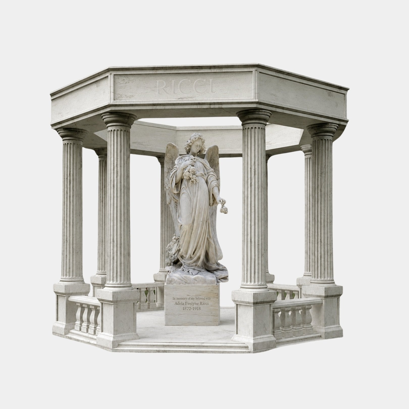 Cream marble hexagonal mausoleum with six fluted columns and a standing angel, 450cm