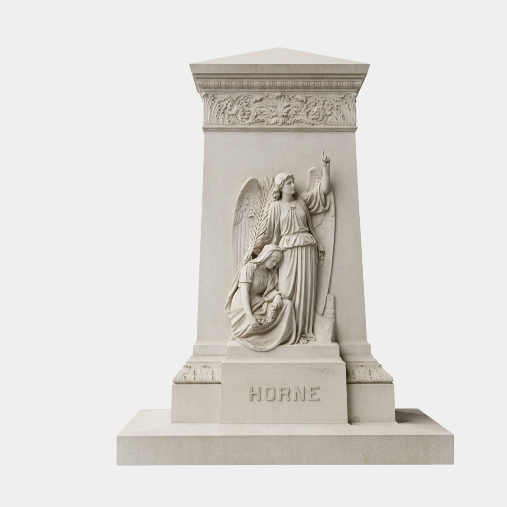 Cream marble monument carved with a standing angel and a kneeling mourner, 300cm