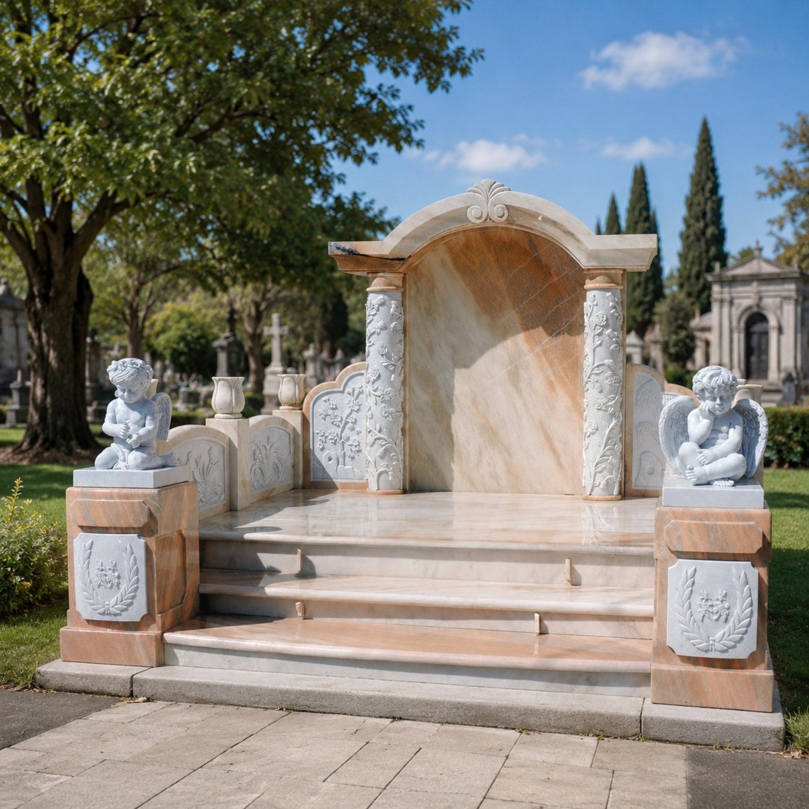 Marble arched grave surround shown enclosing a plot in a cemetery