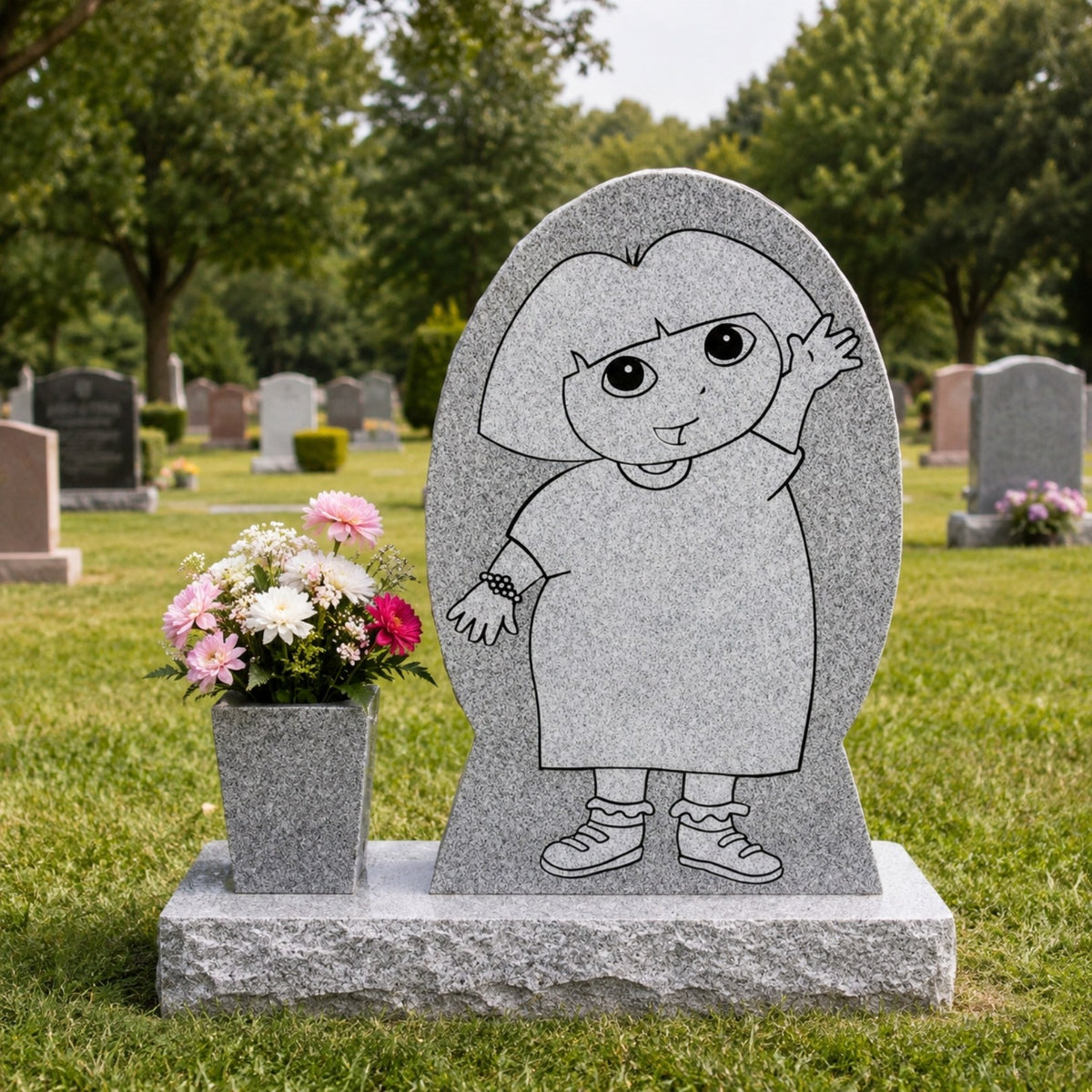 Grey granite engraved child headstone shown on a cemetery lawn
