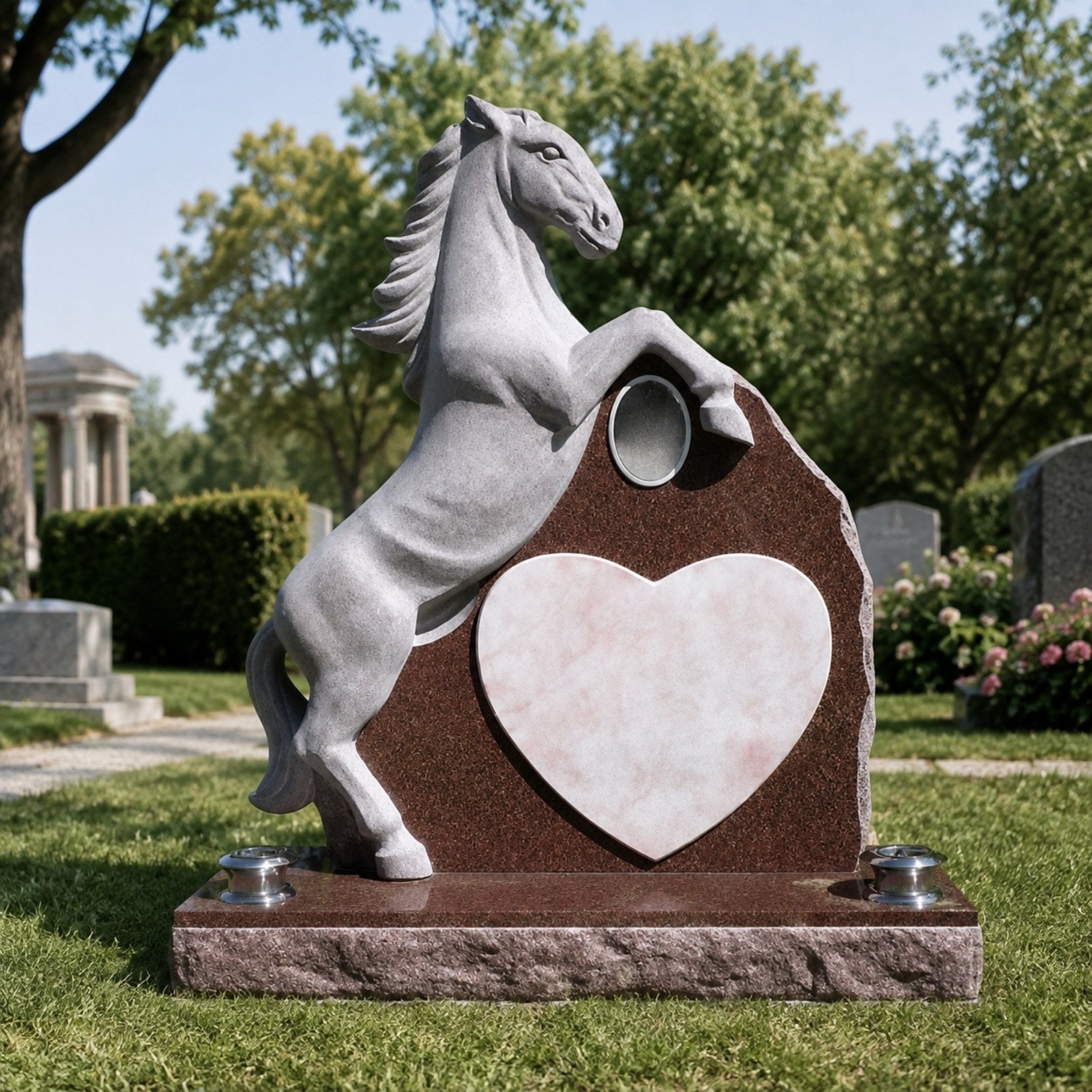 The rearing horse memorial on a cemetery lawn, its heart panel still blank