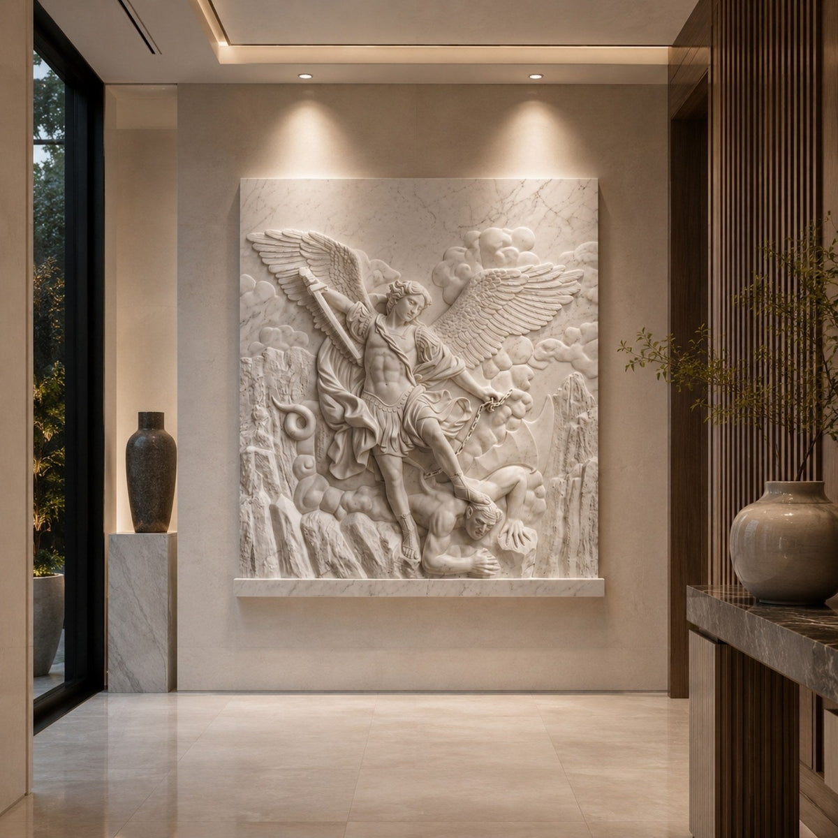 The archangel relief mounted and downlit on a modern hallway wall