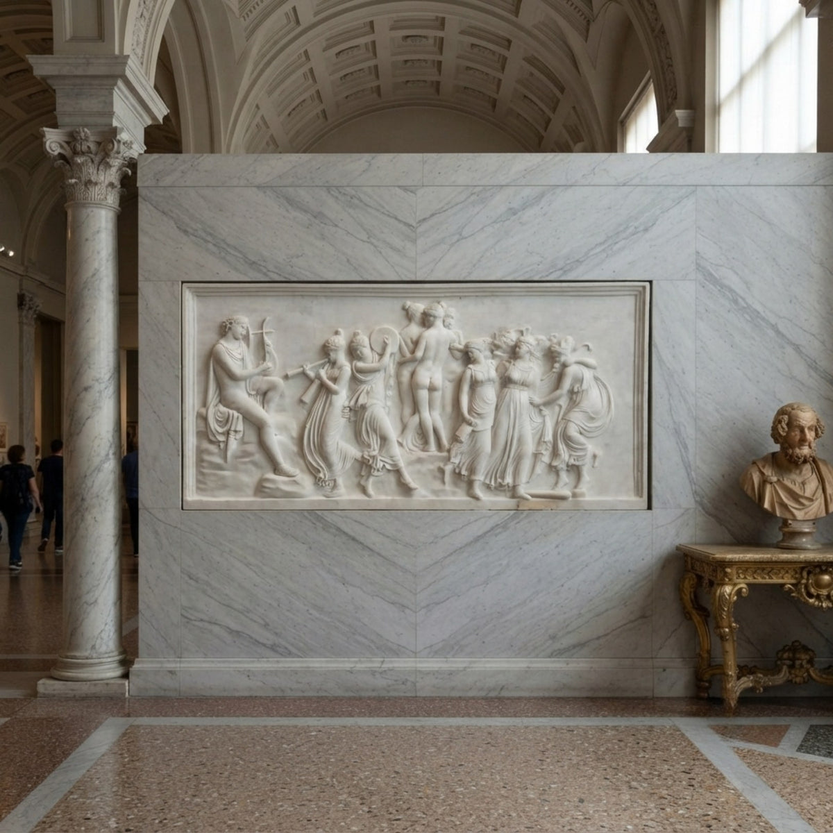 Apollo and muses marble relief frieze shown above an interior doorway