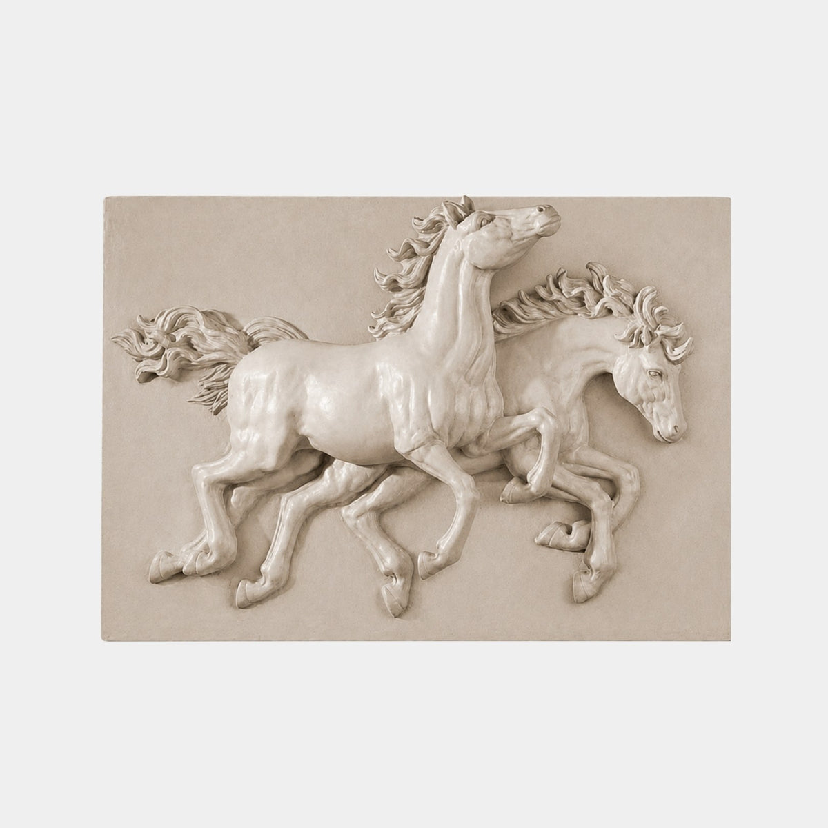 Warm greige marble relief panel 80cm with two horses at a canter in high relief