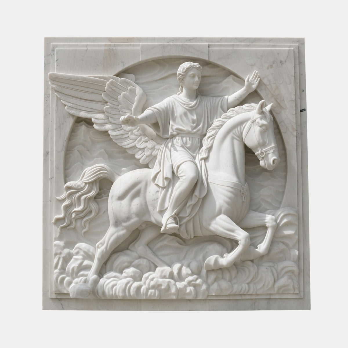 White marble relief panel 180cm with a winged rider on horseback above cloud