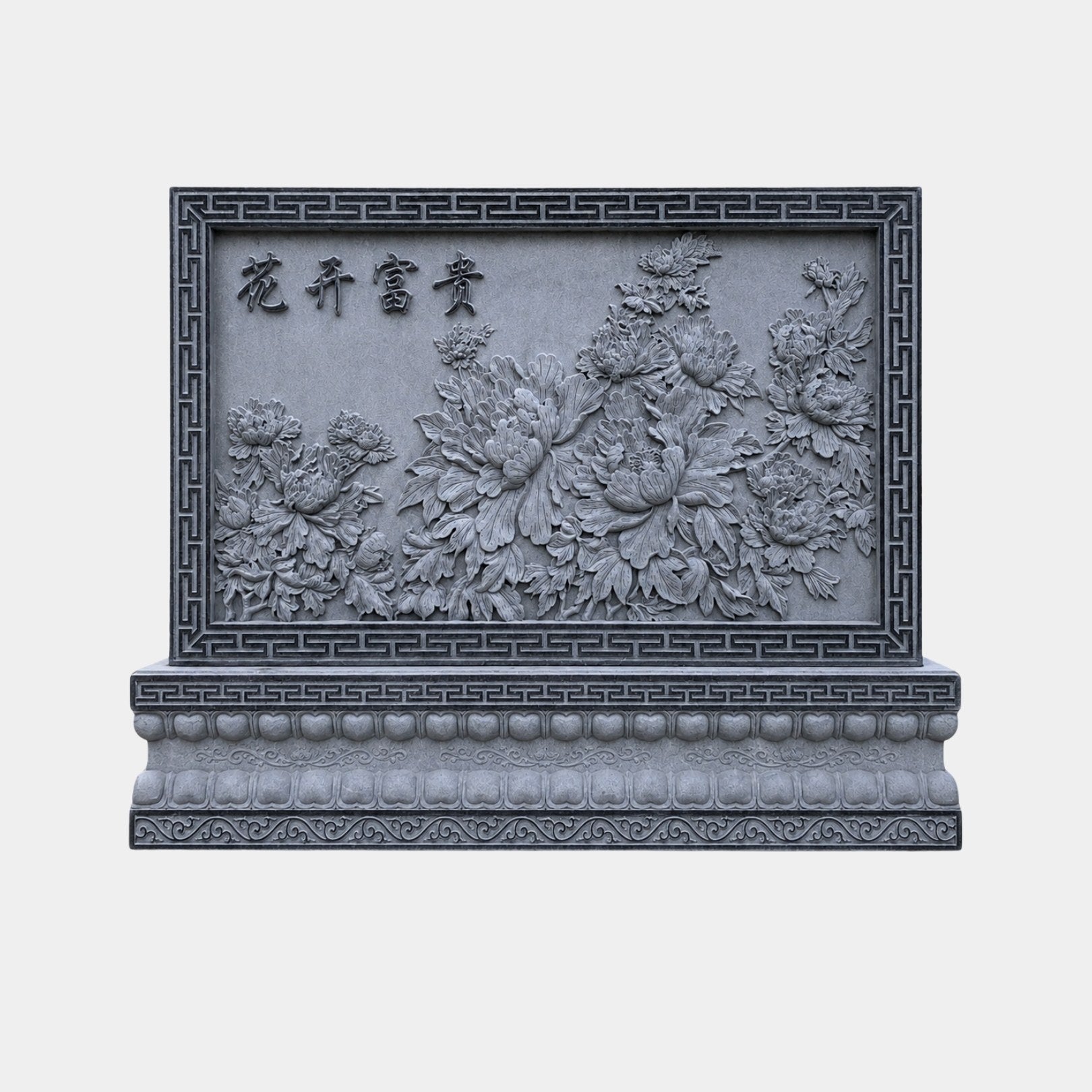 Grey granite peony garden screen 200cm on a moulded lotus plinth