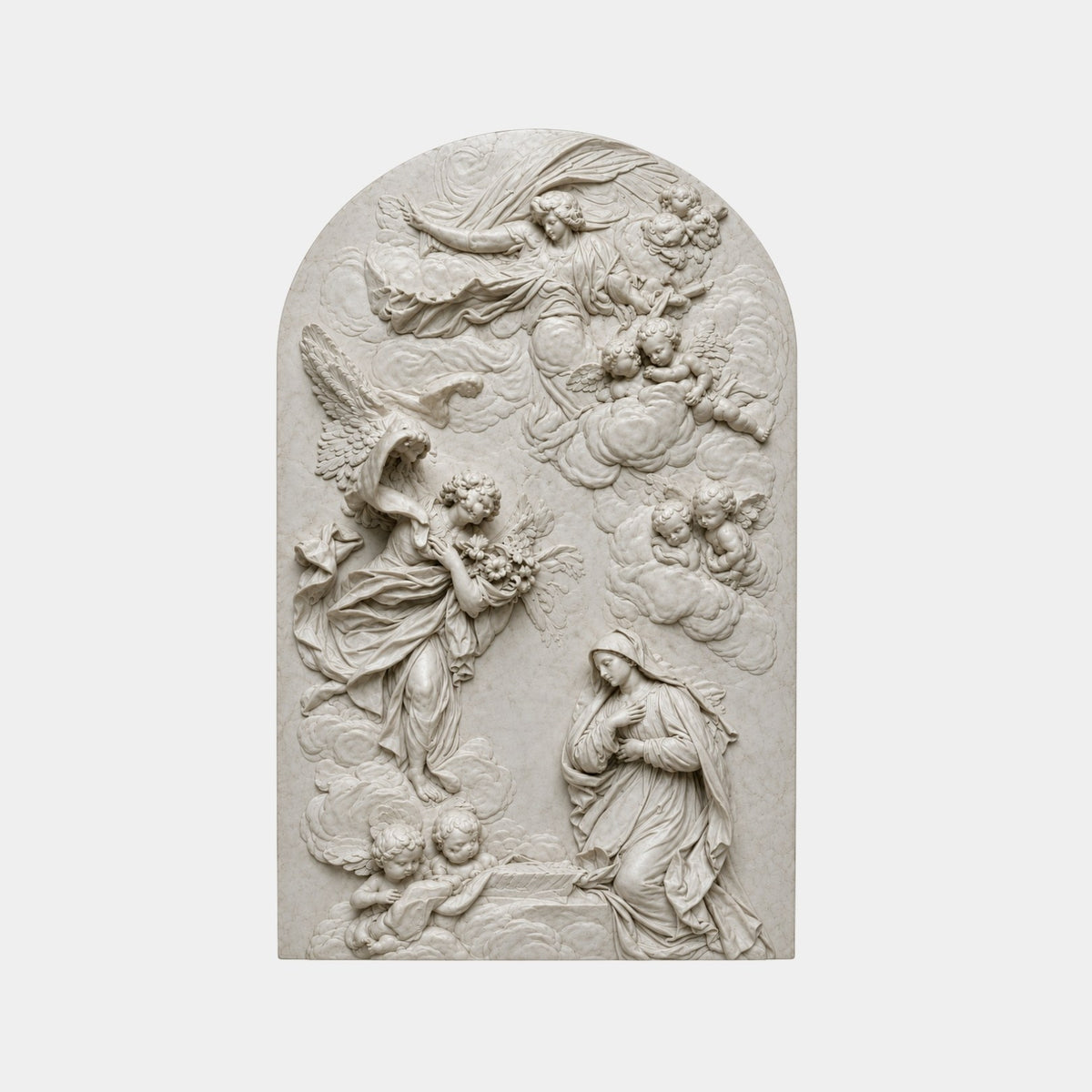 White marble Annunciation relief panel 300cm with Gabriel and the kneeling Virgin