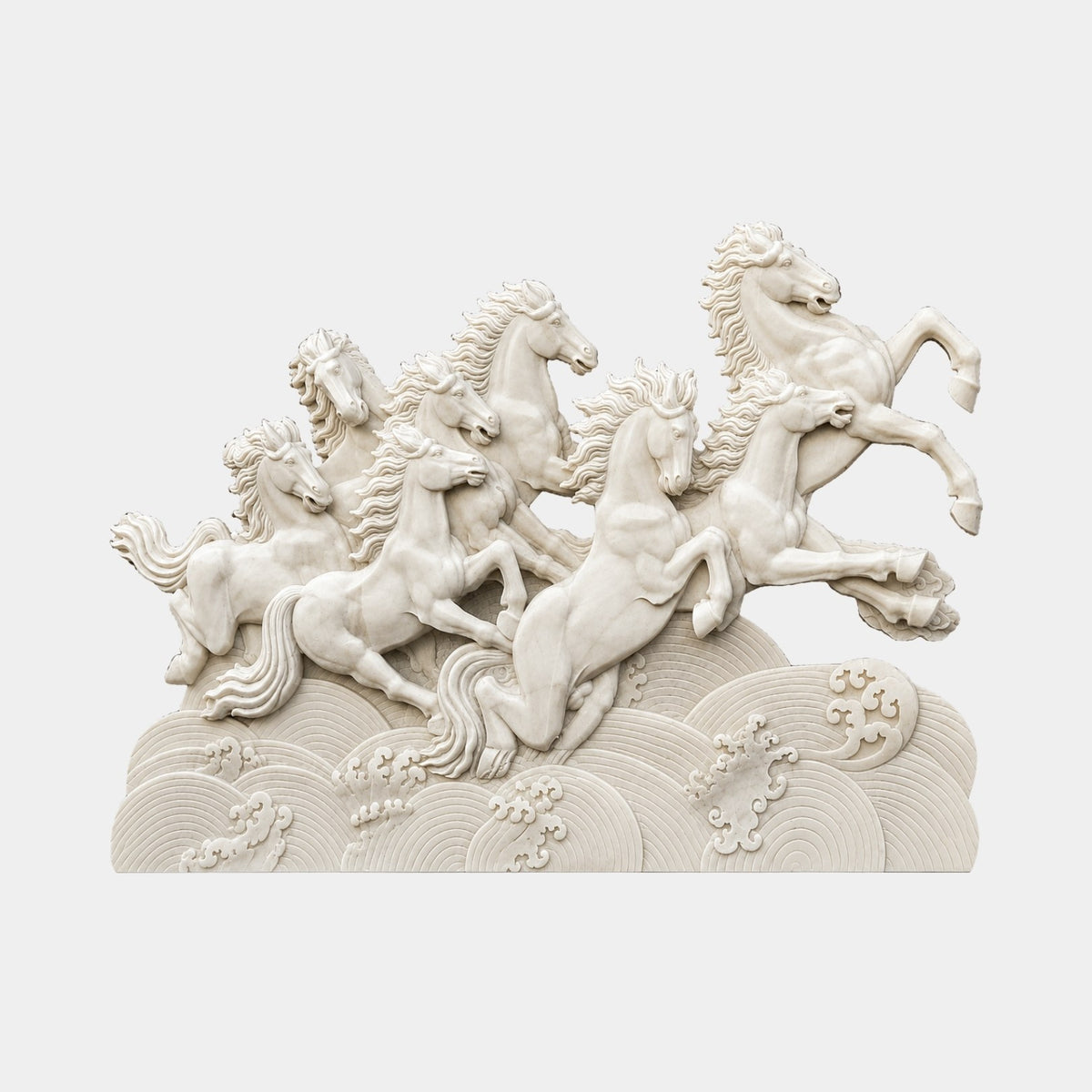 Cream marble relief panel 200cm with eight horses galloping over carved stylised waves