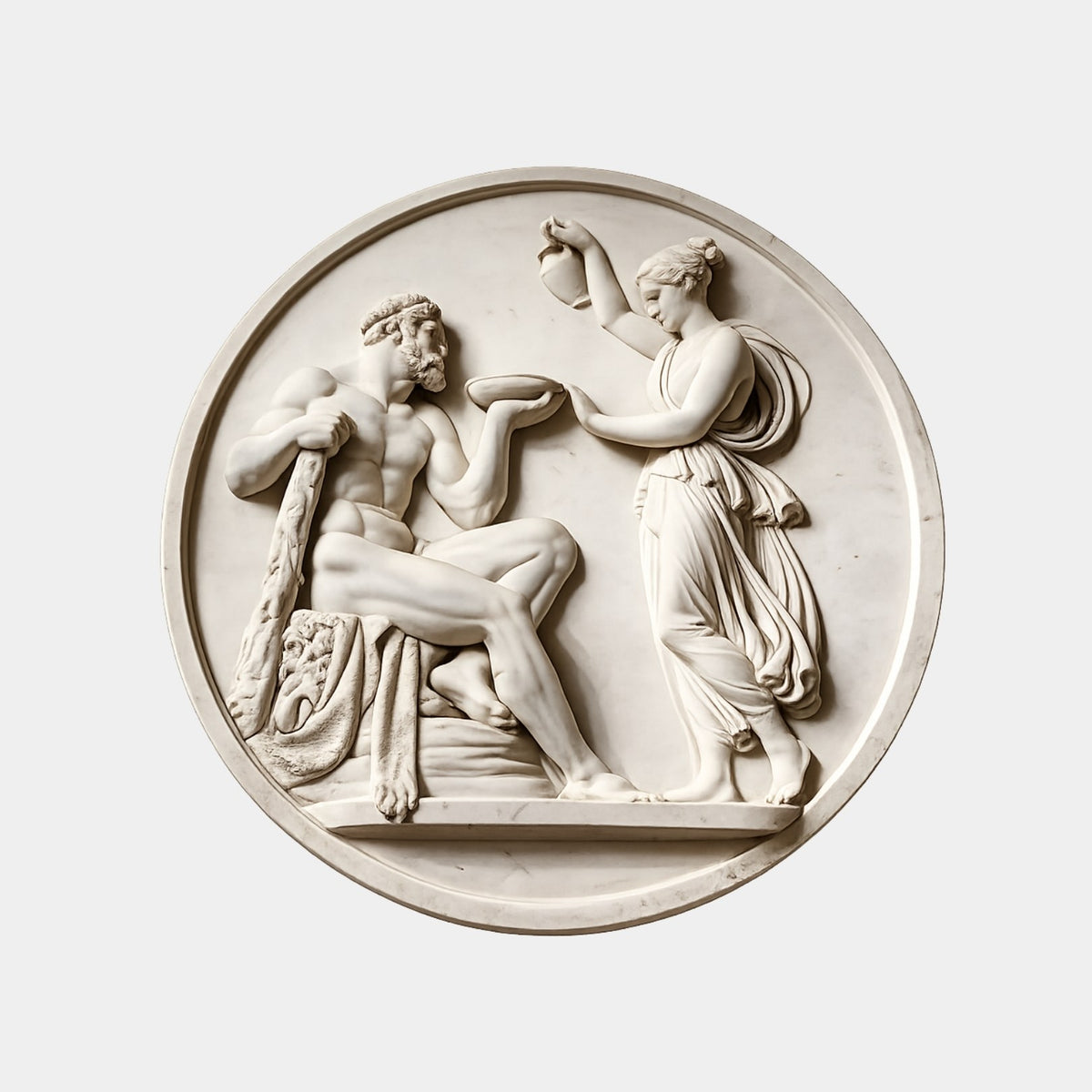 White marble circular relief roundel 60cm across with Hercules and Hebe