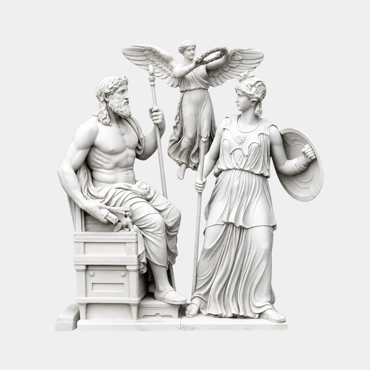 White marble group sculpture 150cm of Zeus enthroned with Athena and Victory
