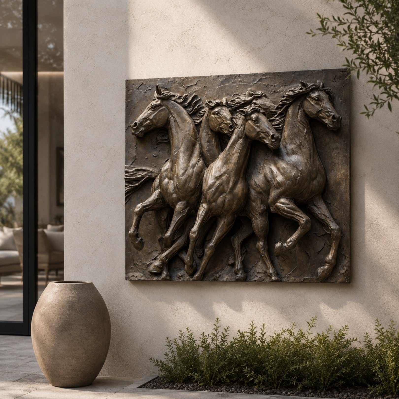The bronze horse relief on a rendered courtyard wall beside a planted bed