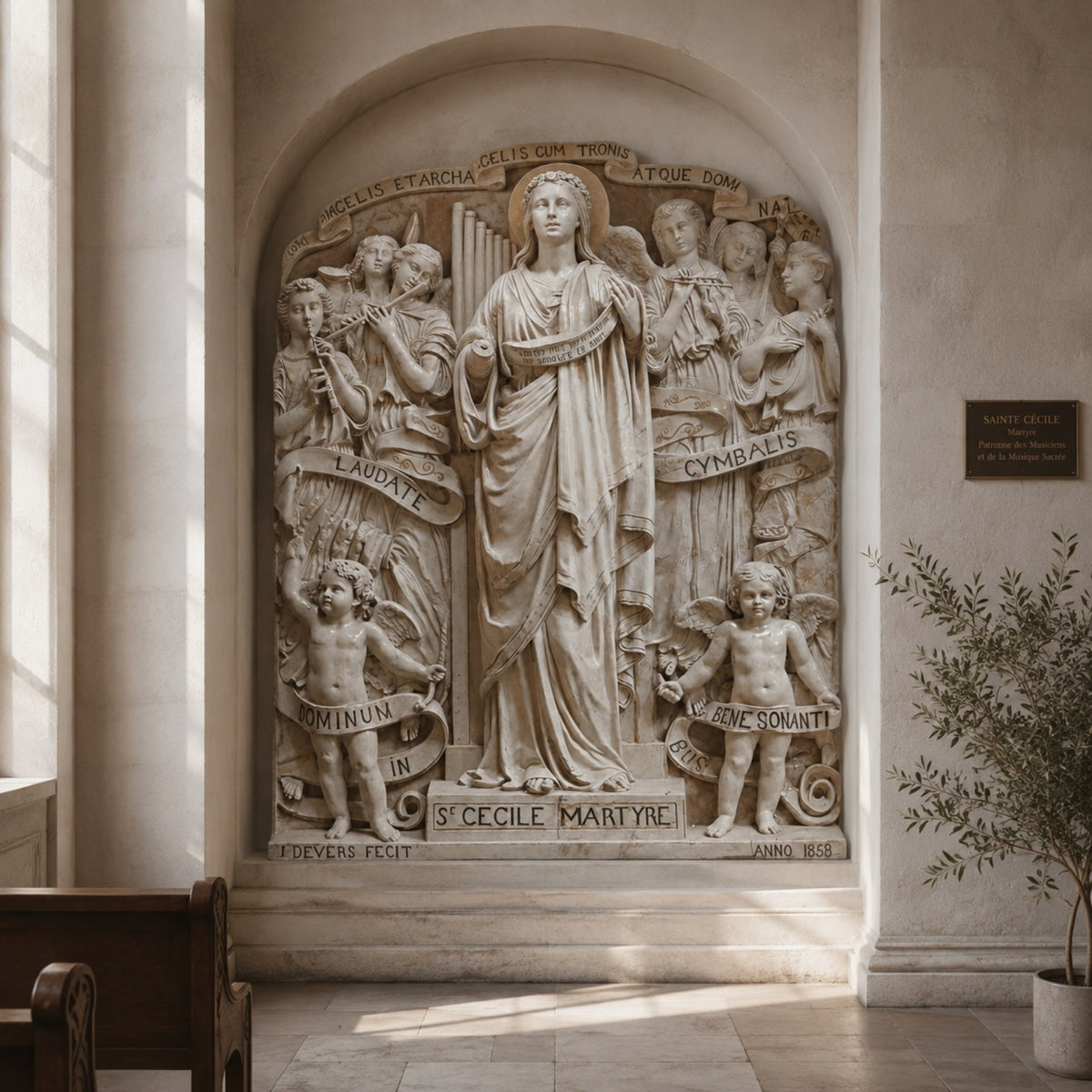 Marble relief shown set into an arched masonry niche in a chapel wall