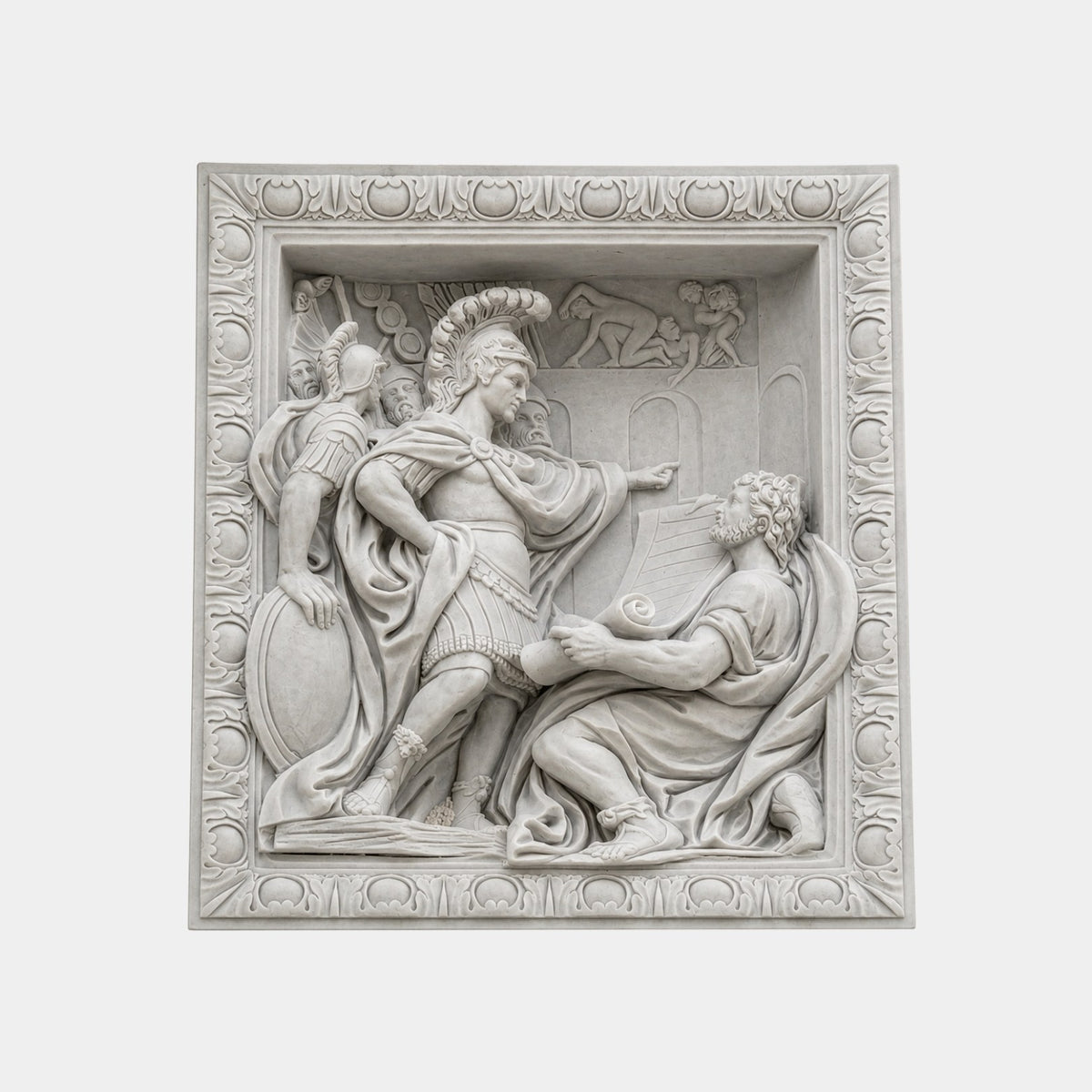 White marble narrative relief 150cm with a helmeted commander and a seated scholar