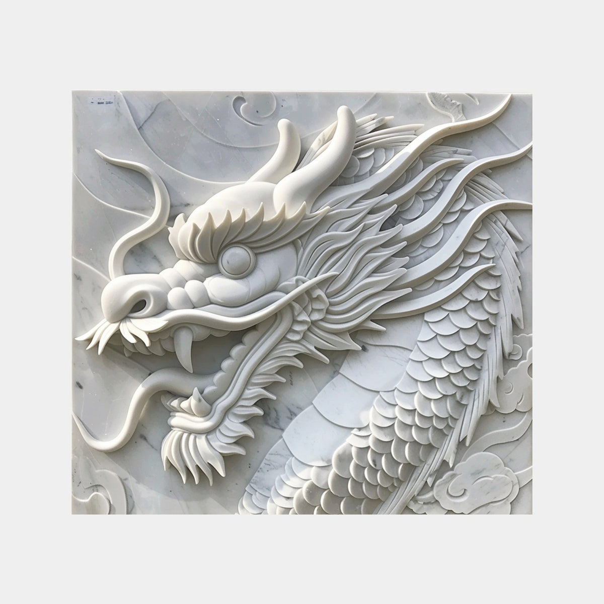 White marble relief panel 120cm wide with a close-cropped dragon head and cloud scrolls