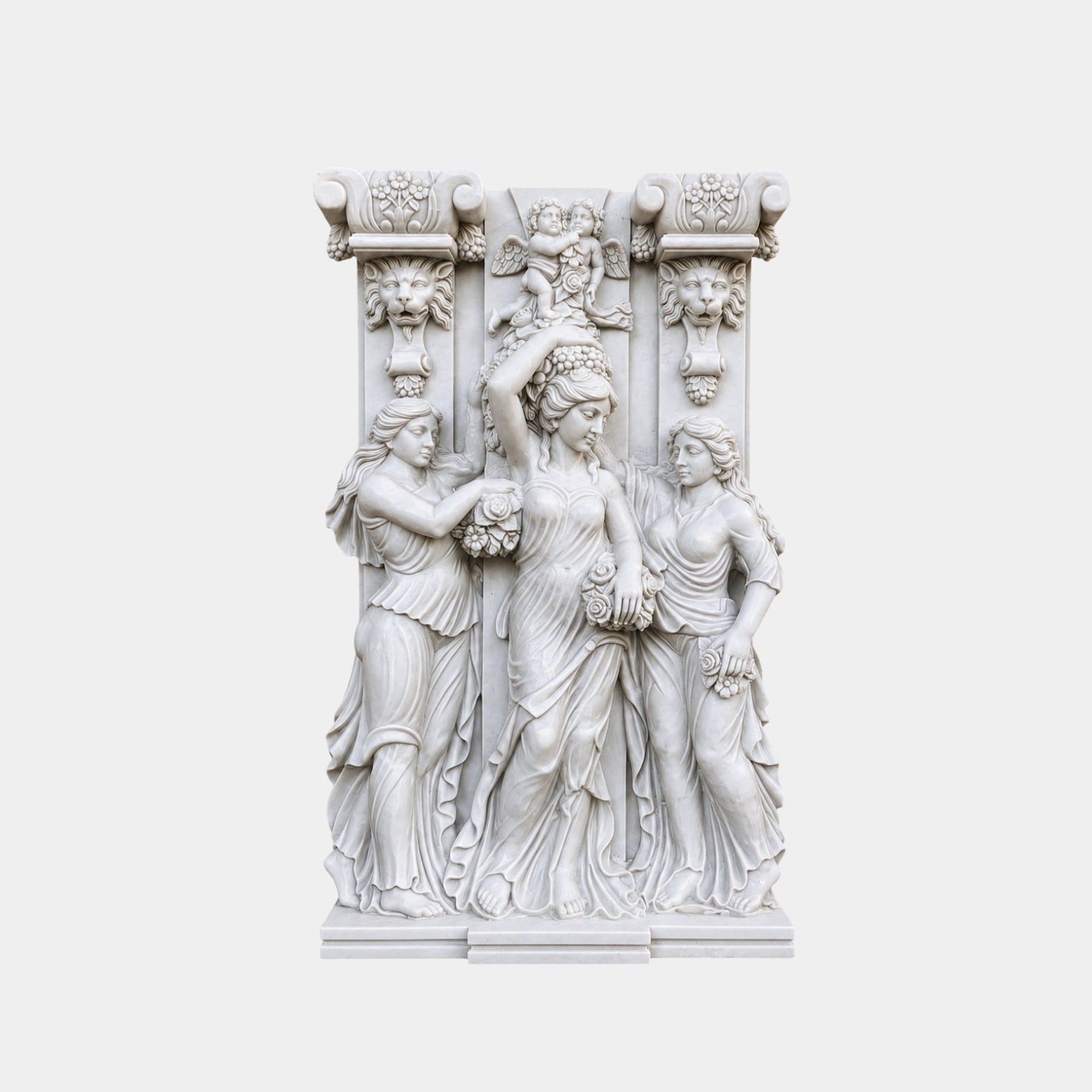 White marble group 200cm of three draped women gathering roses with winged putti