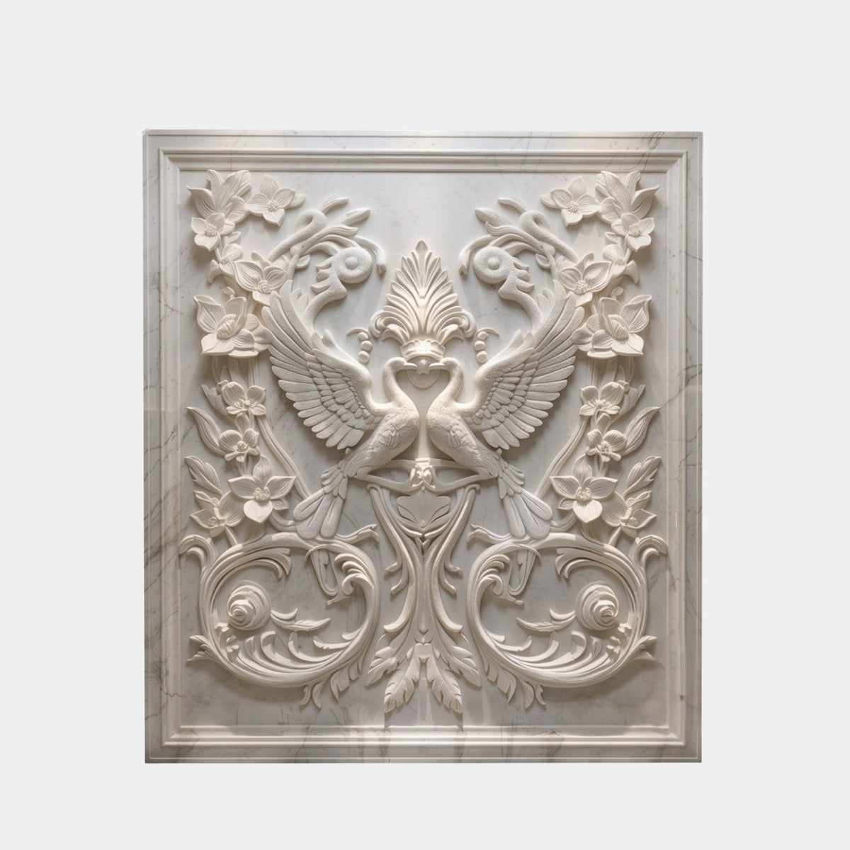 White marble relief 200cm with two confronting long-necked birds beneath a palmette