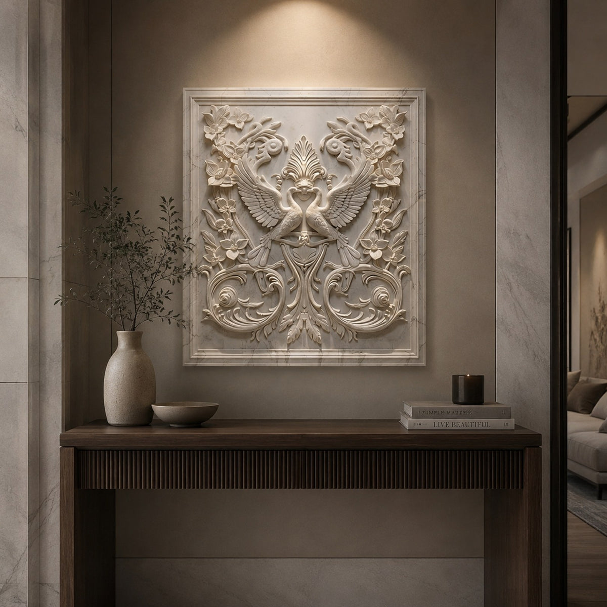 Confronting birds marble relief panel shown centred above a doorway