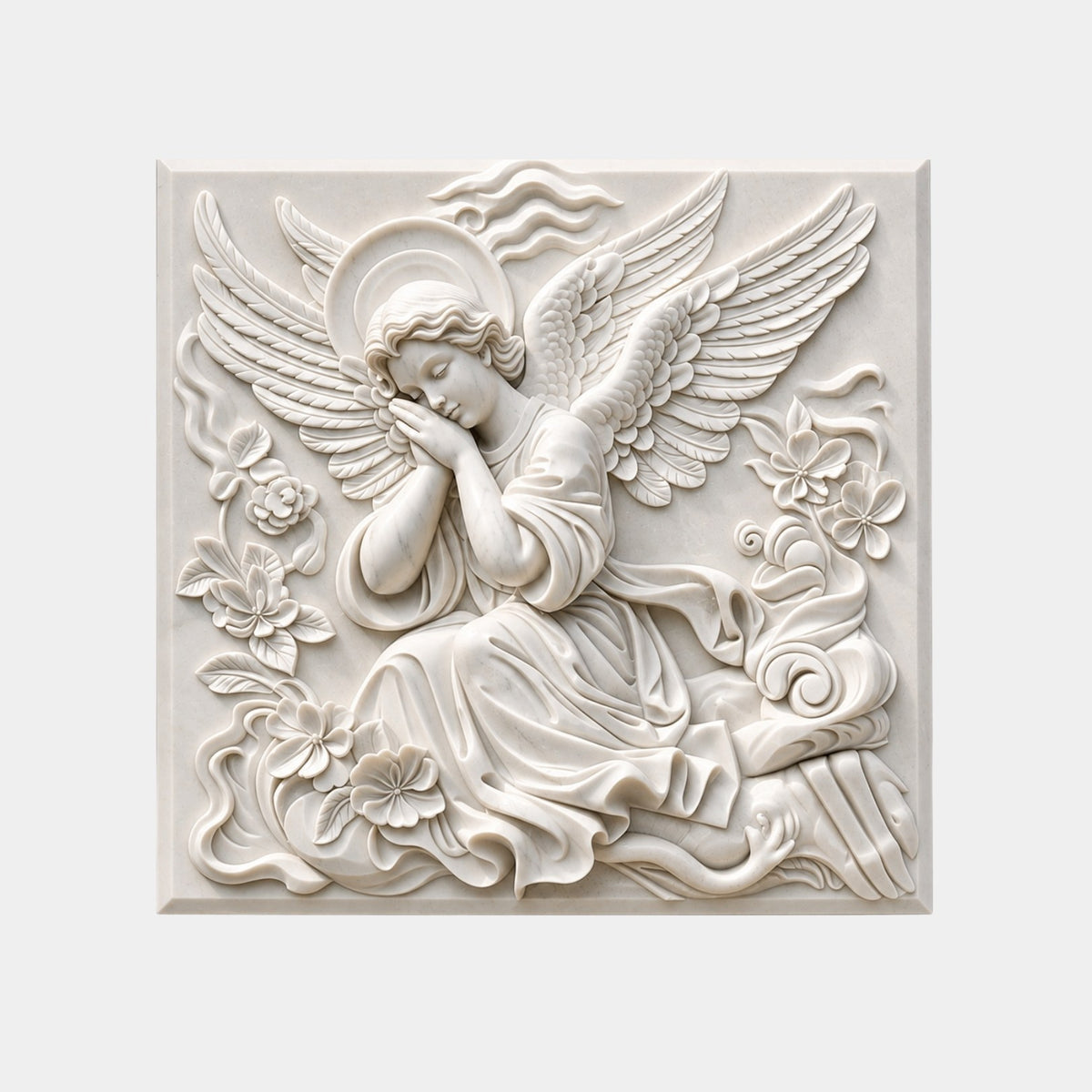 White marble relief slab 150cm with a sleeping angel, halo and three wing masses