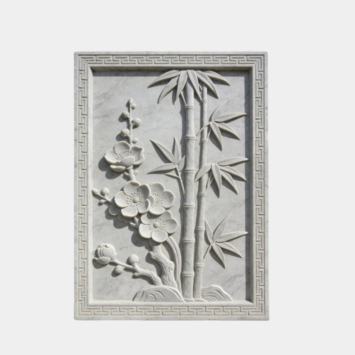 White marble relief 150cm with plum blossom and bamboo in a Chinese fret border