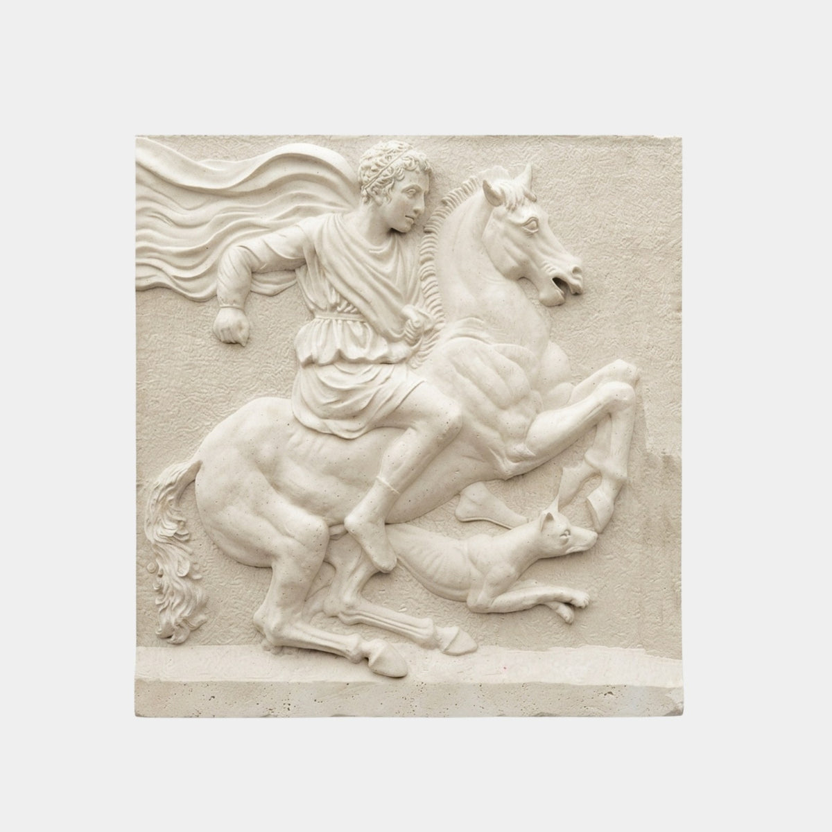 Cream stone relief panel 150cm with a youth on a rearing horse and a hound below