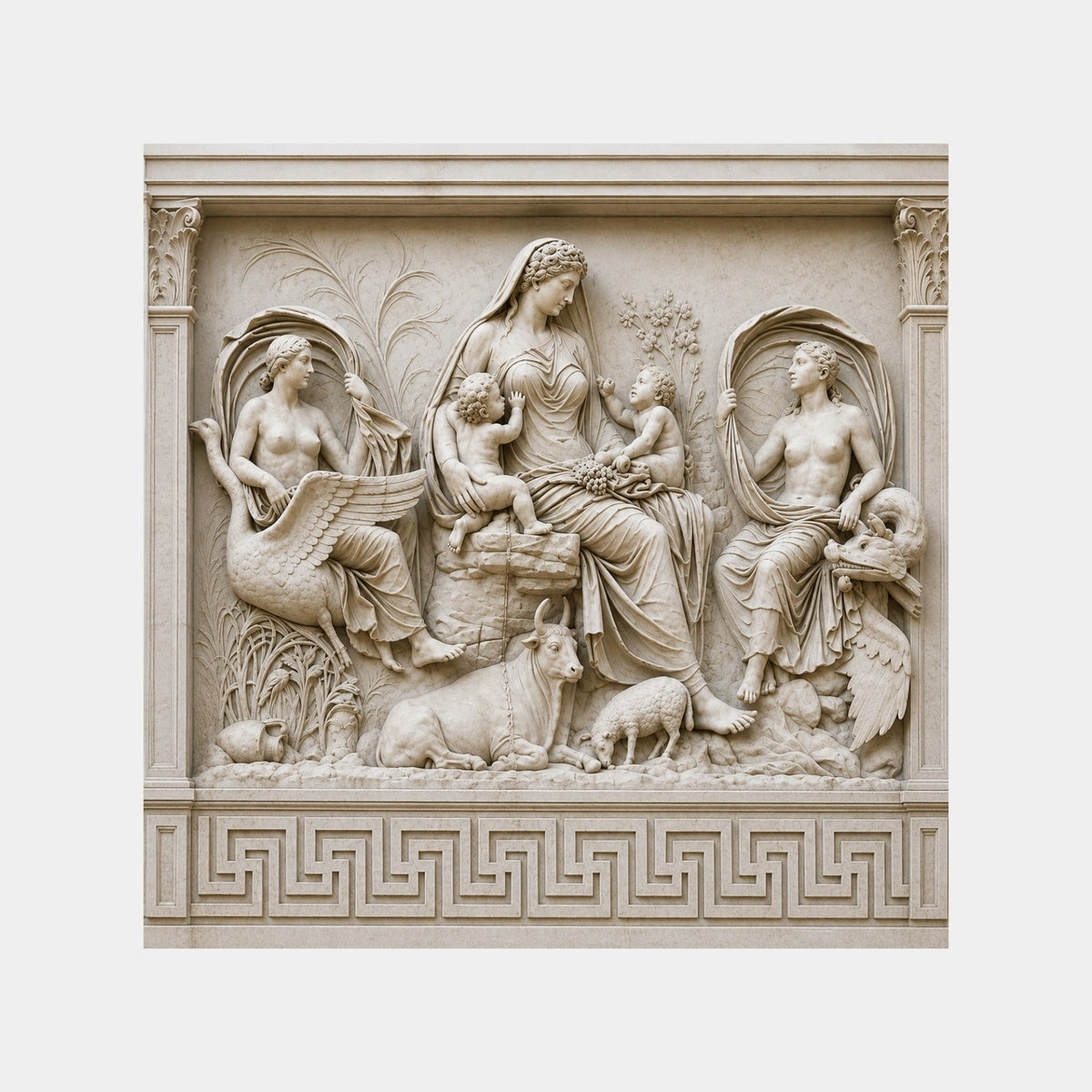 Cream marble relief panel 100cm with a seated draped mother, two infants and attendants