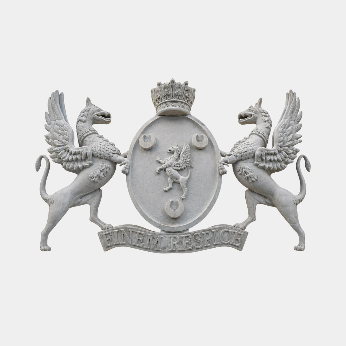 White marble carved cartouche 120cm wide with two winged supporters and a crest