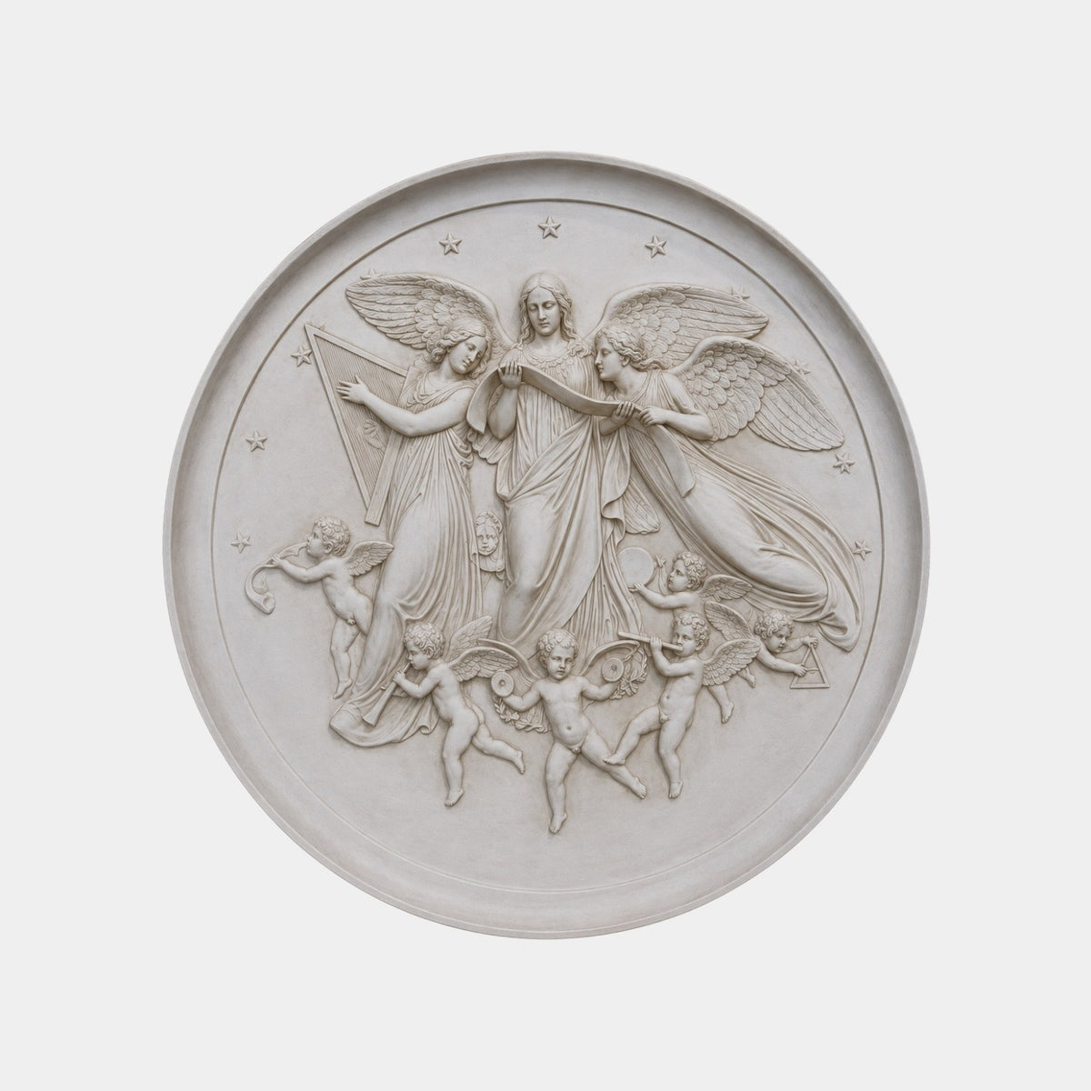 Cream marble roundel 80cm across with three winged angels above six musician putti