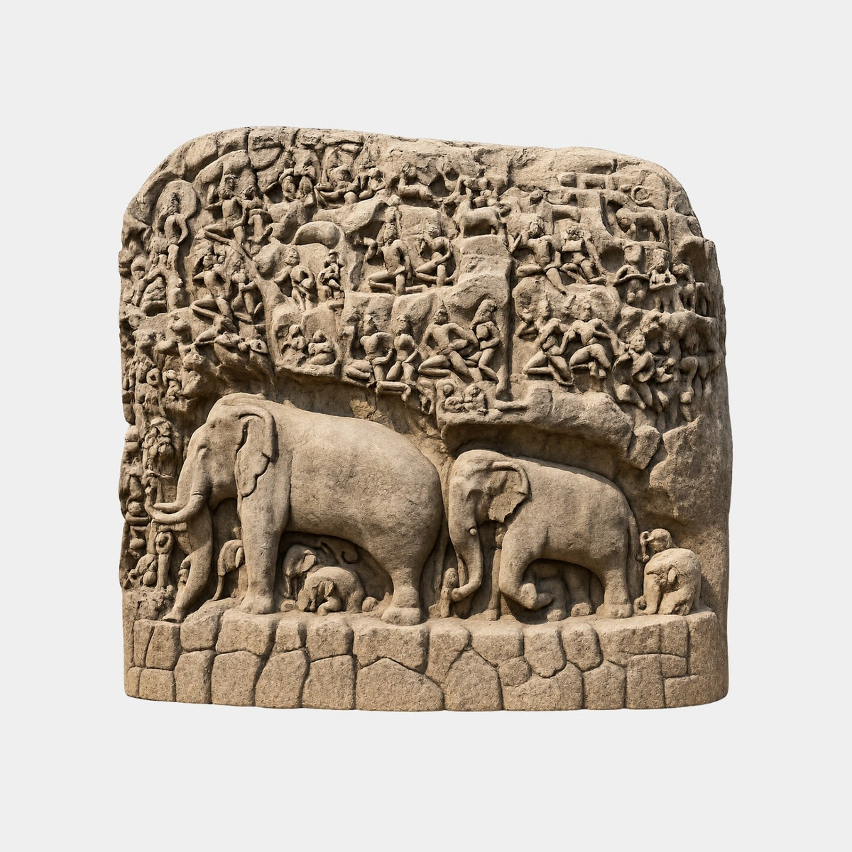 Beige carved stone monument 150cm wide with elephants below dense figure registers