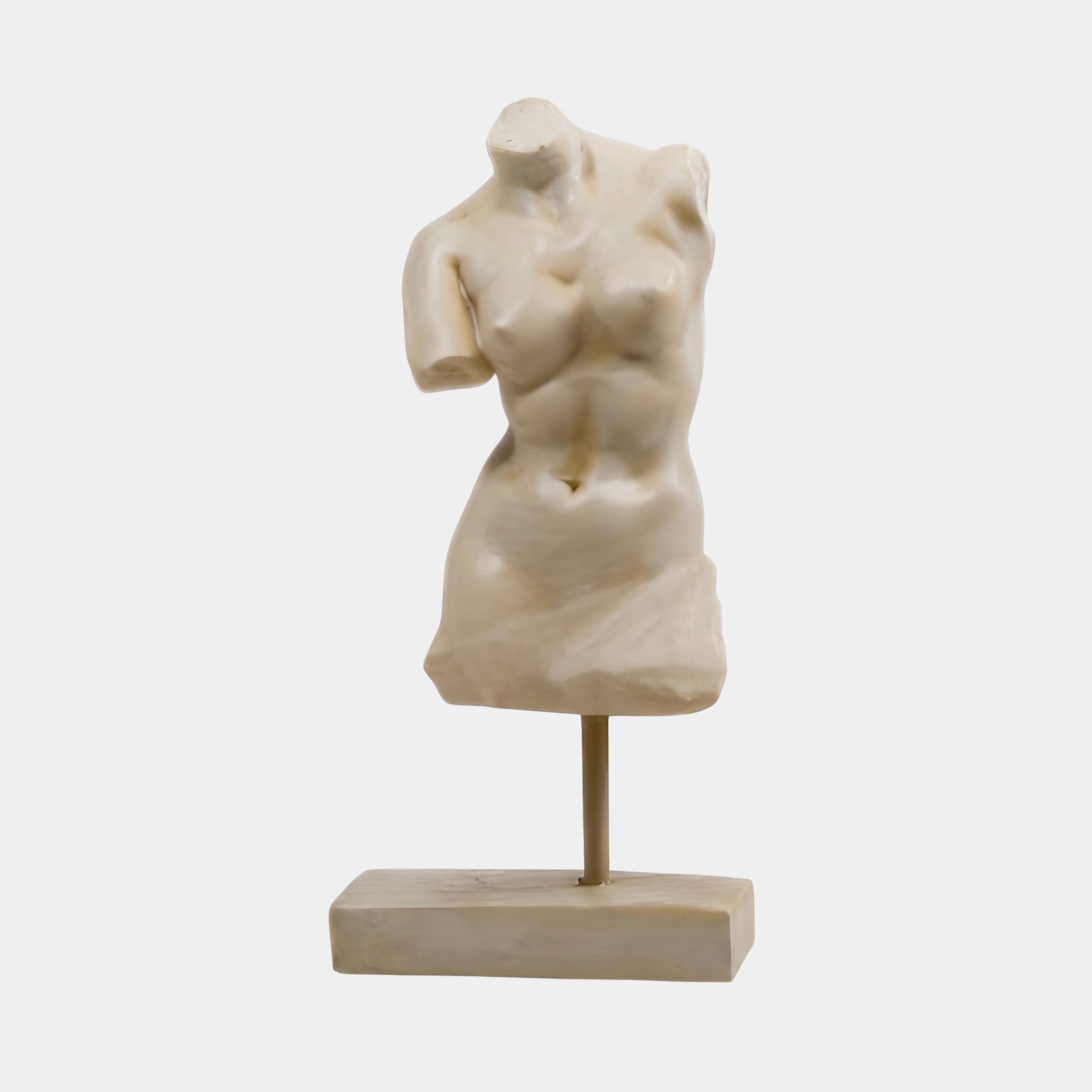 The Giant Sculptures Female V1 Marble Torso Sculpture - 130cm is an ivory female torso without arms, head, or legs, mounted on a metal rod and rectangular base, displayed against a plain white background.