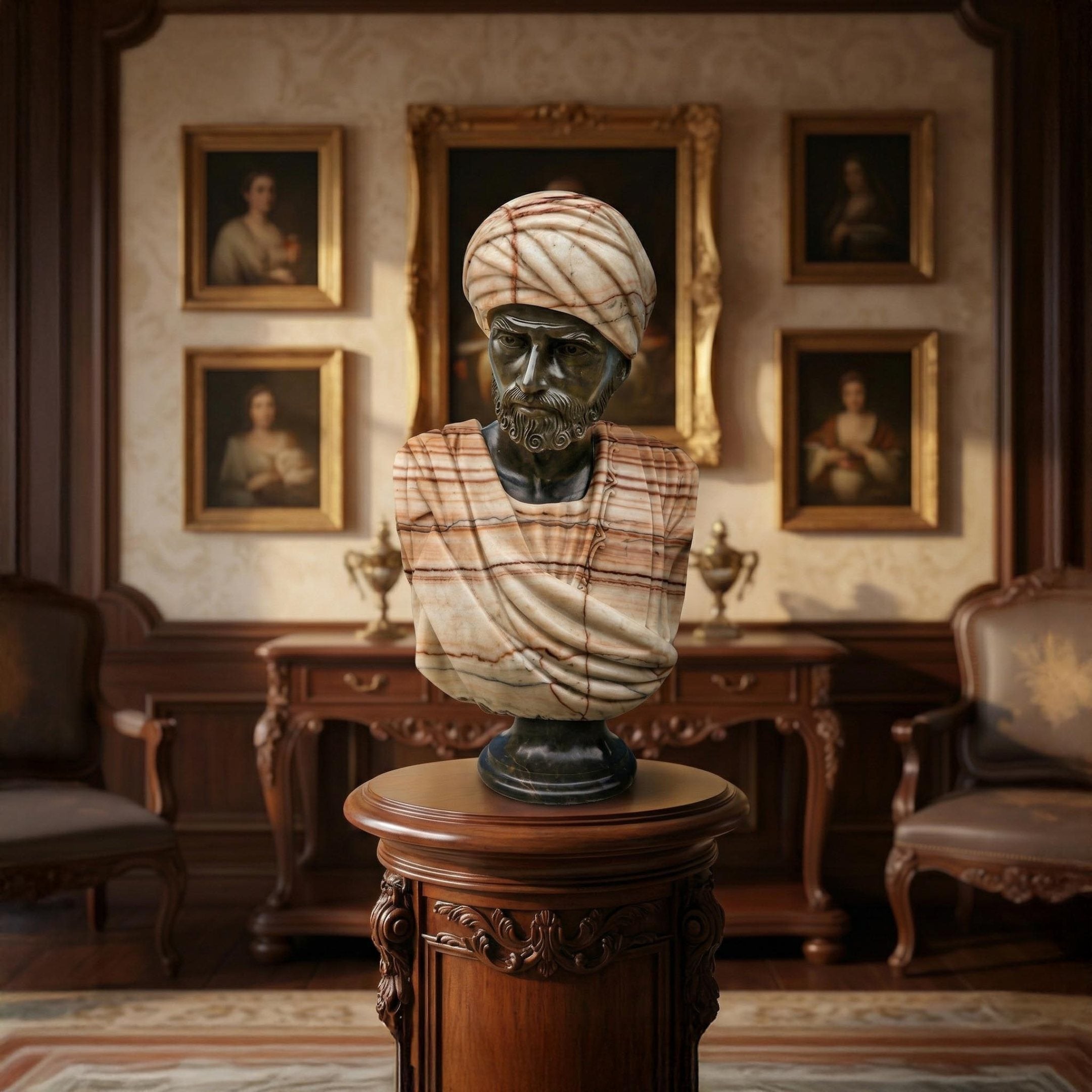 The Moorish Turban Marble Bust Sculpture - 65cm by Giant Sculptures is displayed on a wooden pedestal in an elegant room with ornate wood paneling and framed portraits in the background.