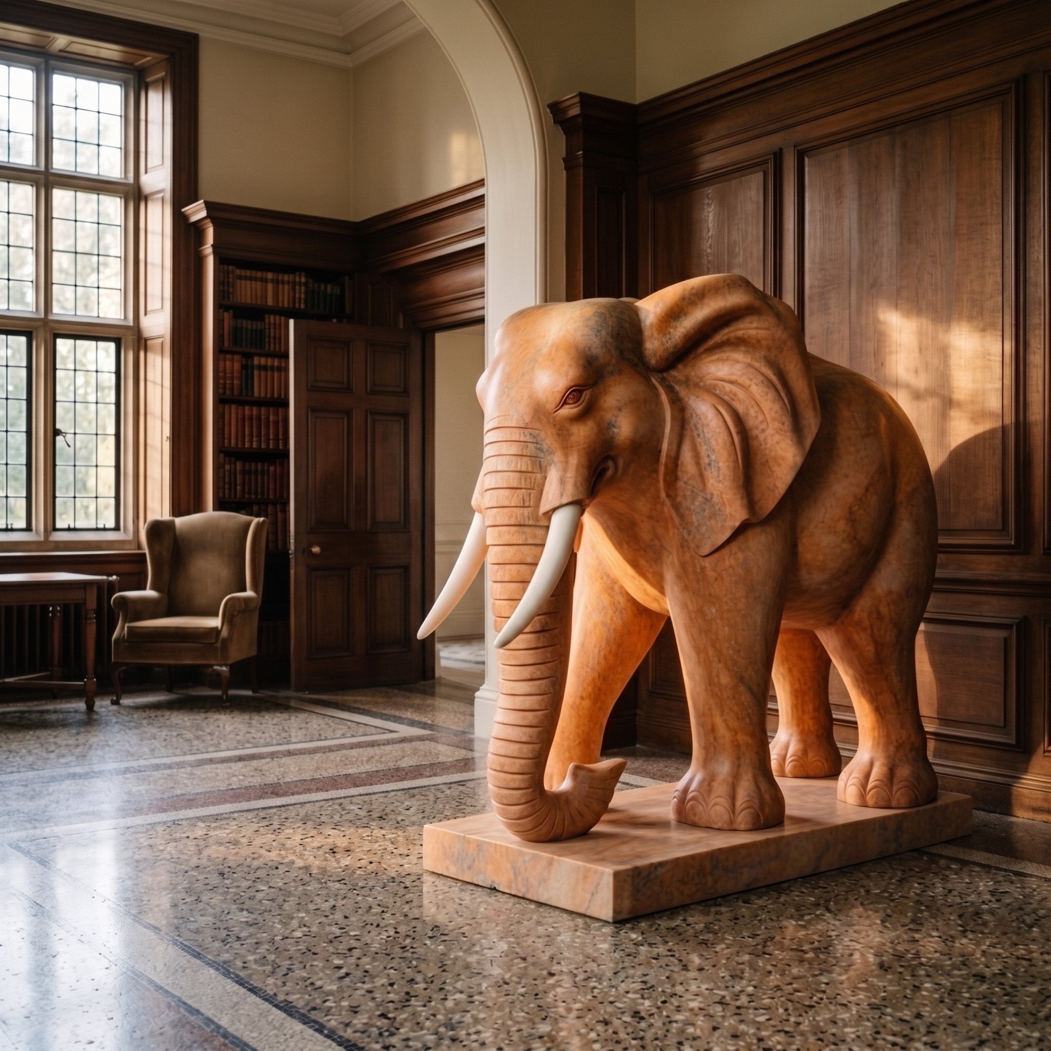 Standing Elephant in Apricot Marble Statue - 200cm, with pale tusks, shown on a rectangular base in a wood-panelled room with a window and armchair.