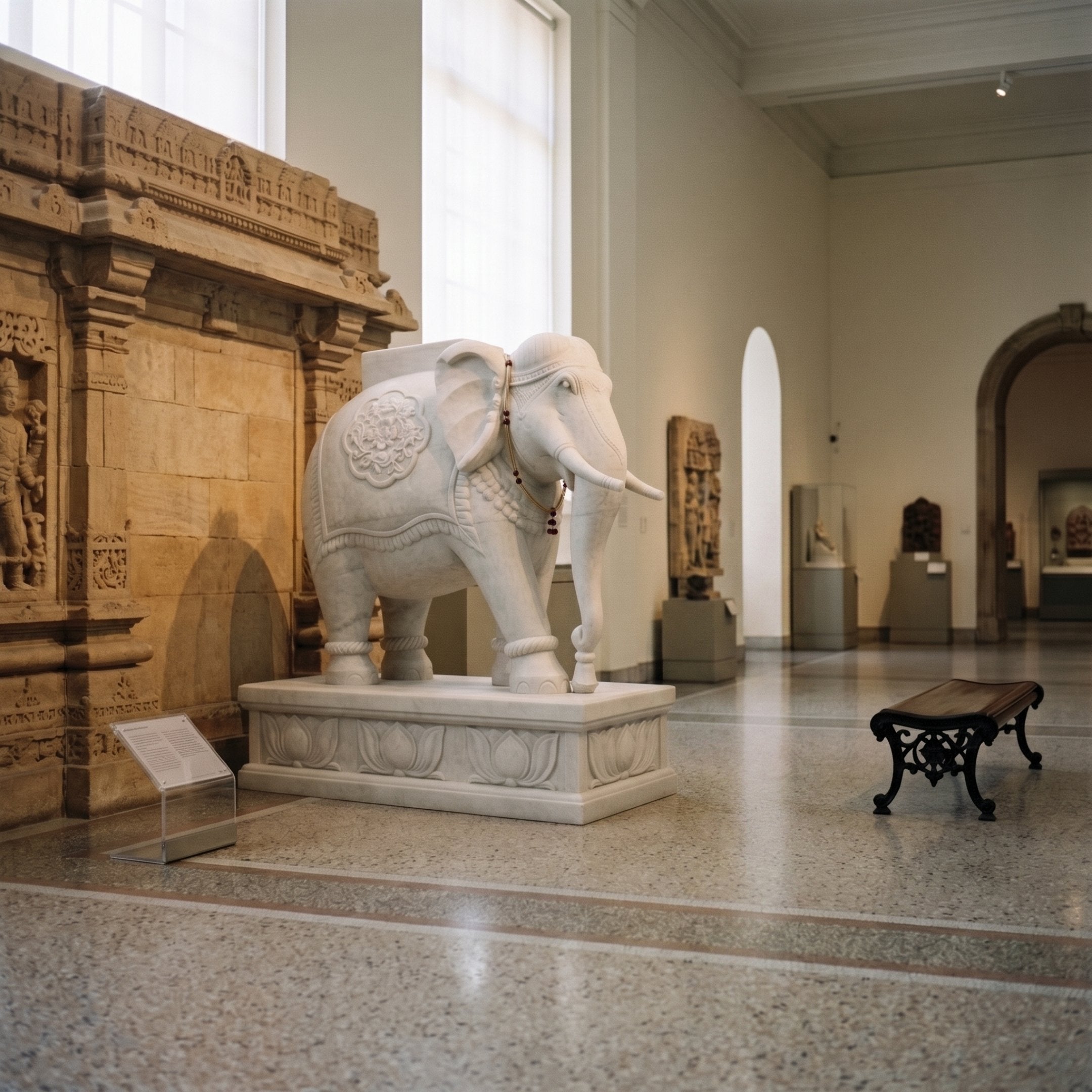 Elephant With a Beaded Chain Marble Statue - 180cm, white marble with grey veining, carved headpiece and floral rosette, on a lotus-panel pedestal in a museum gallery.