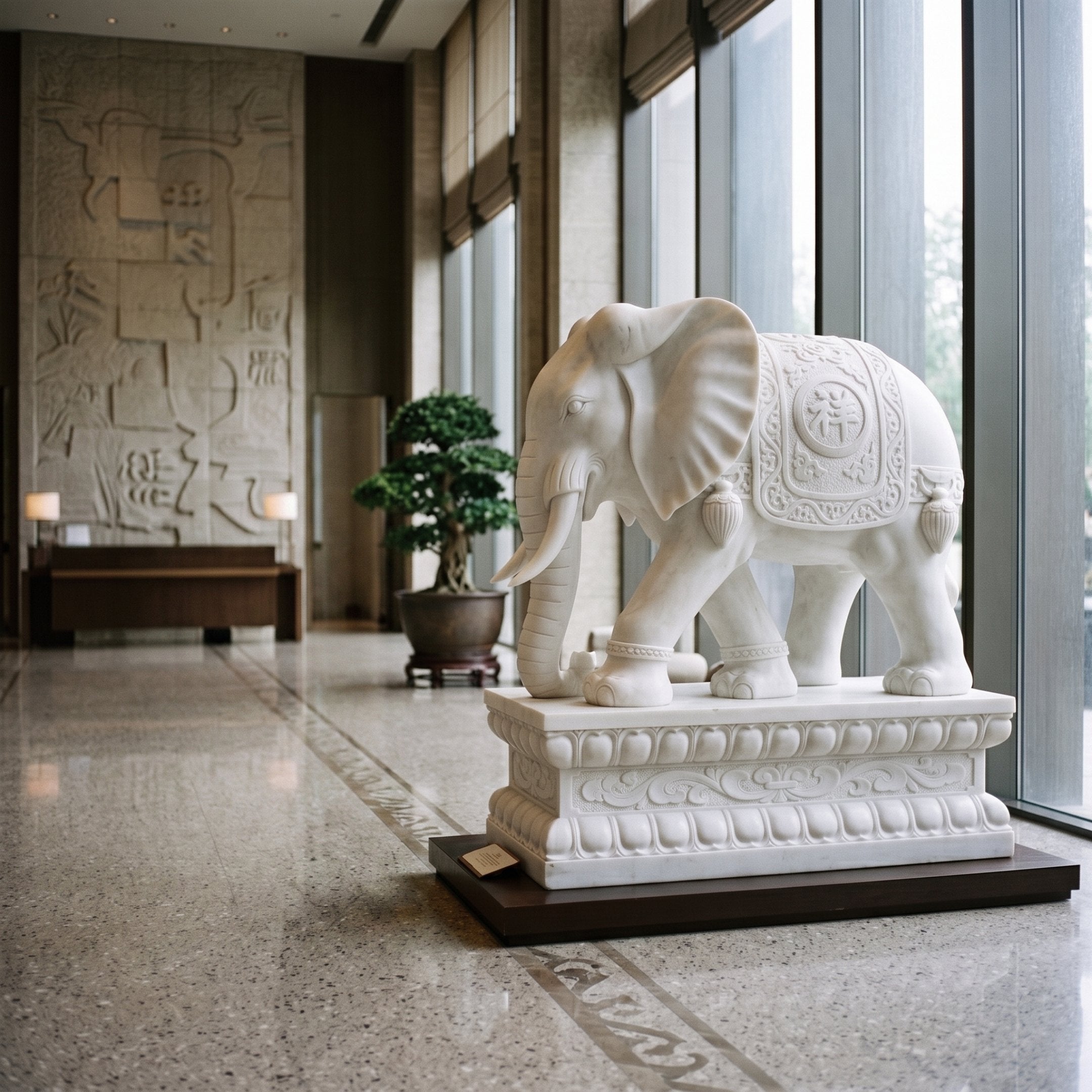 Elephant With a Cloud-Scroll Cloth Marble Statue, 180cm, white marble with carved roundel and tassels, displayed on a base in a lobby near a bonsai plant.