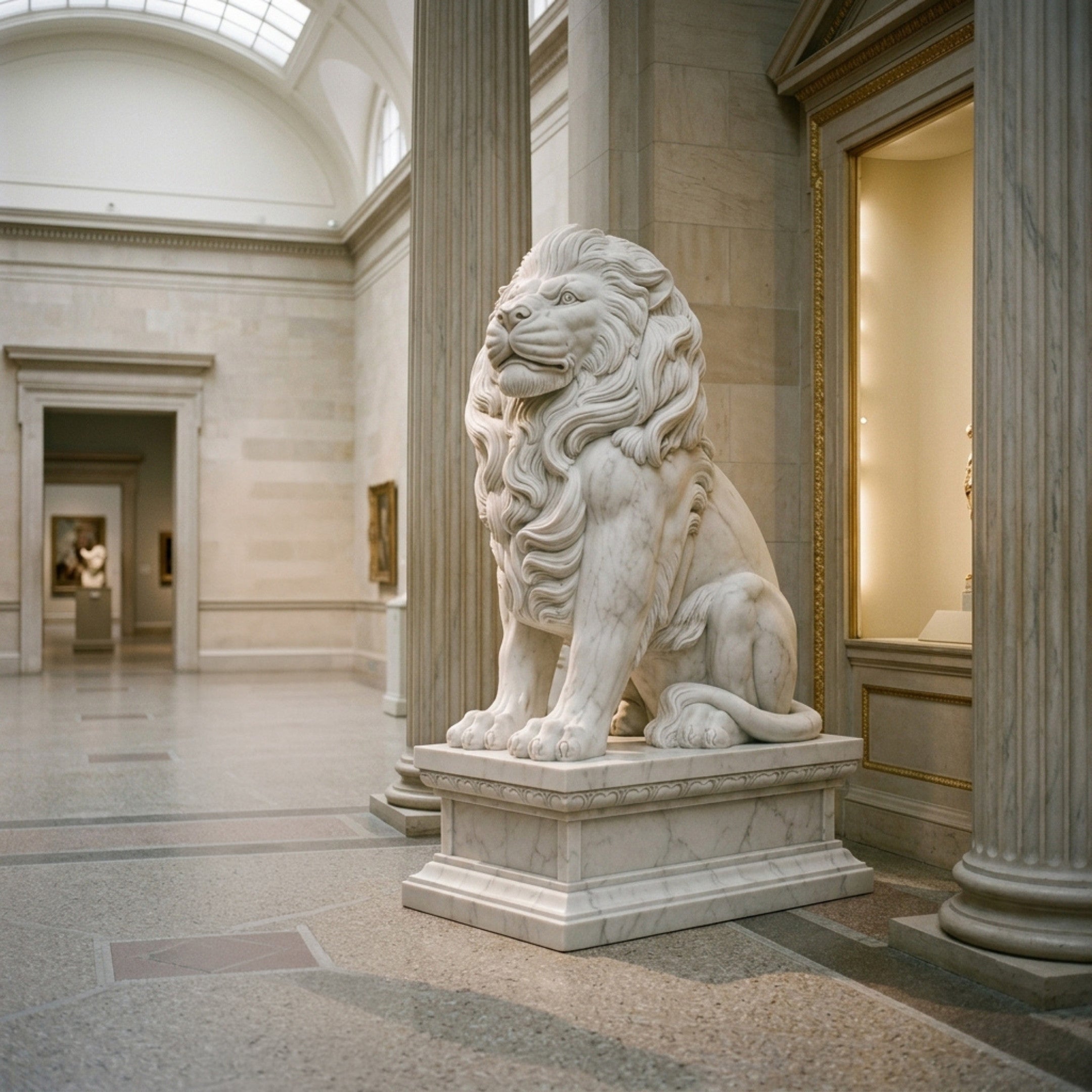 White marble Seated Lion on a Leaf-Moulded Pedestal statue, 200cm, displayed on a museum gallery floor beside classical columns.