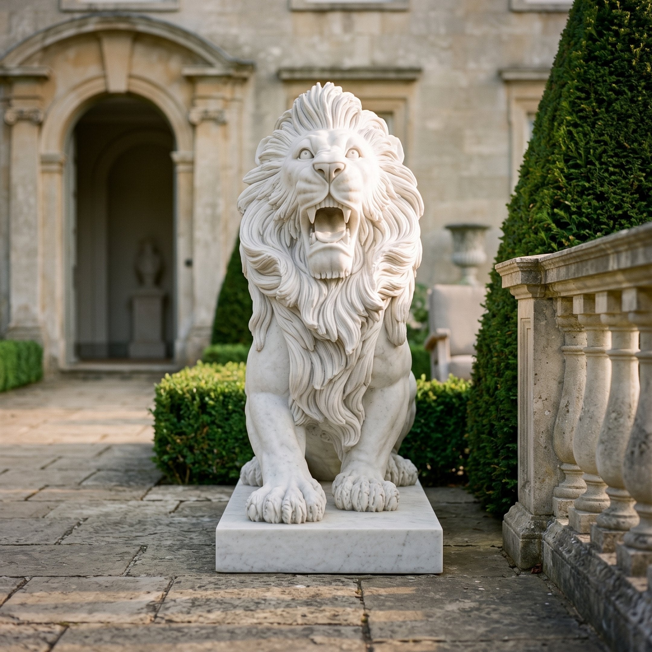 Roaring Lion With a Standing Mane Marble Statue - 170cm on a rectangular base, white marble finish, displayed on a stone courtyard beside a balustrade.