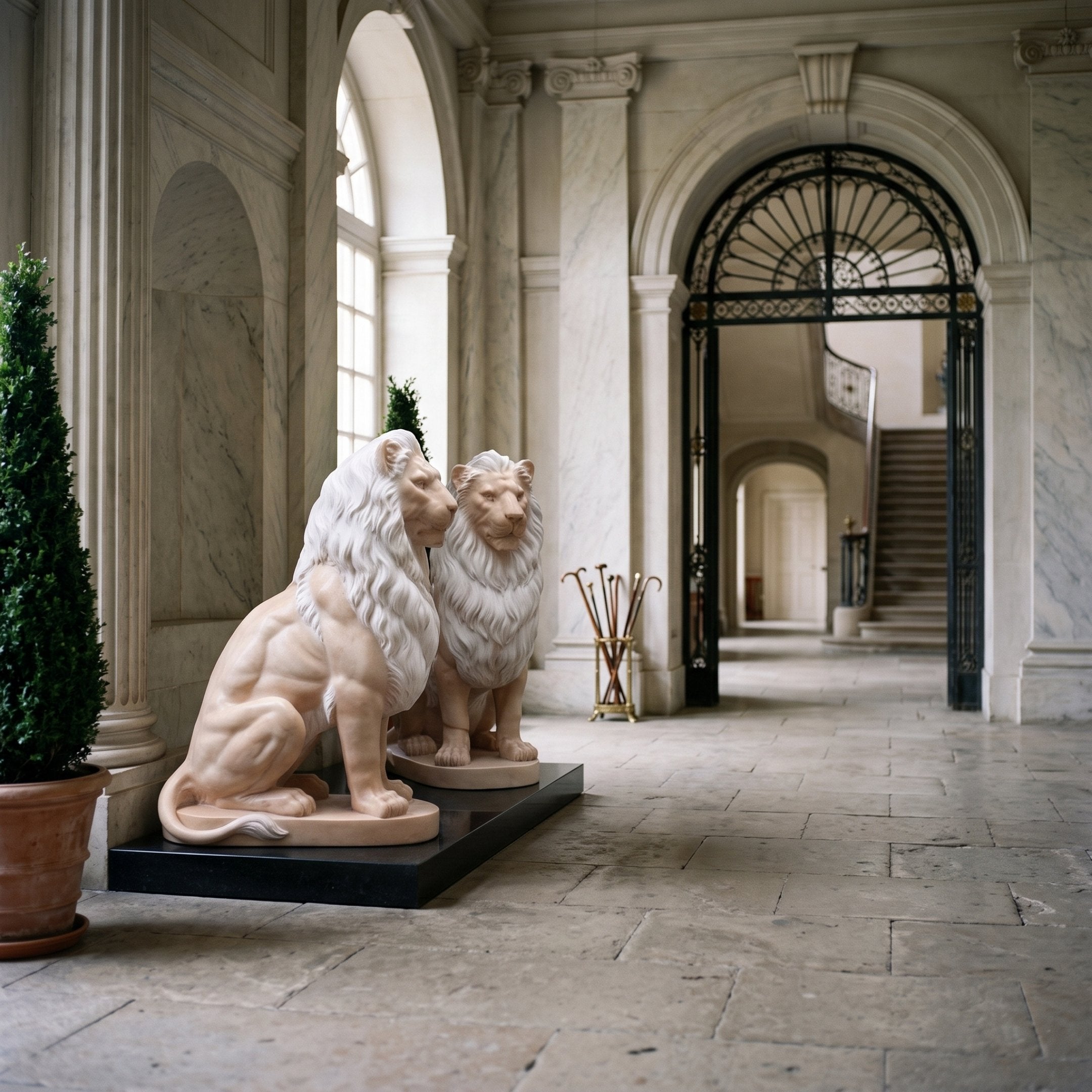Seated Lion in Two-Tone Pink Marble Statue - 170cm, shown beside a matching lion on a black platform in a marble hallway with arched doorways.
