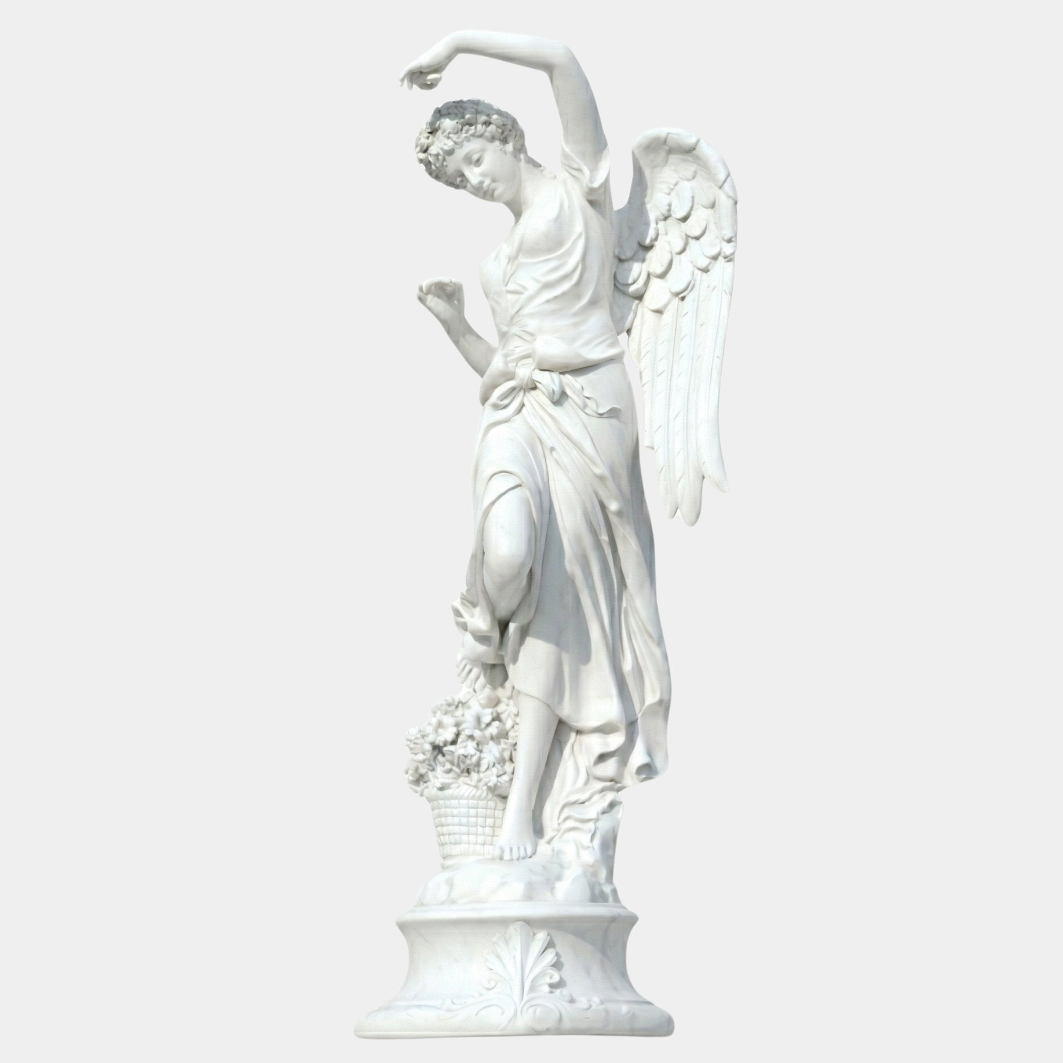 The Dancing Harvest Angel Marble Outdoor Sculpture - 260cm by Giant Sculptures features a graceful angel in flowing robes, one arm raised, with detailed wings and a serene expression, standing on a decorative base beside a flower basket.