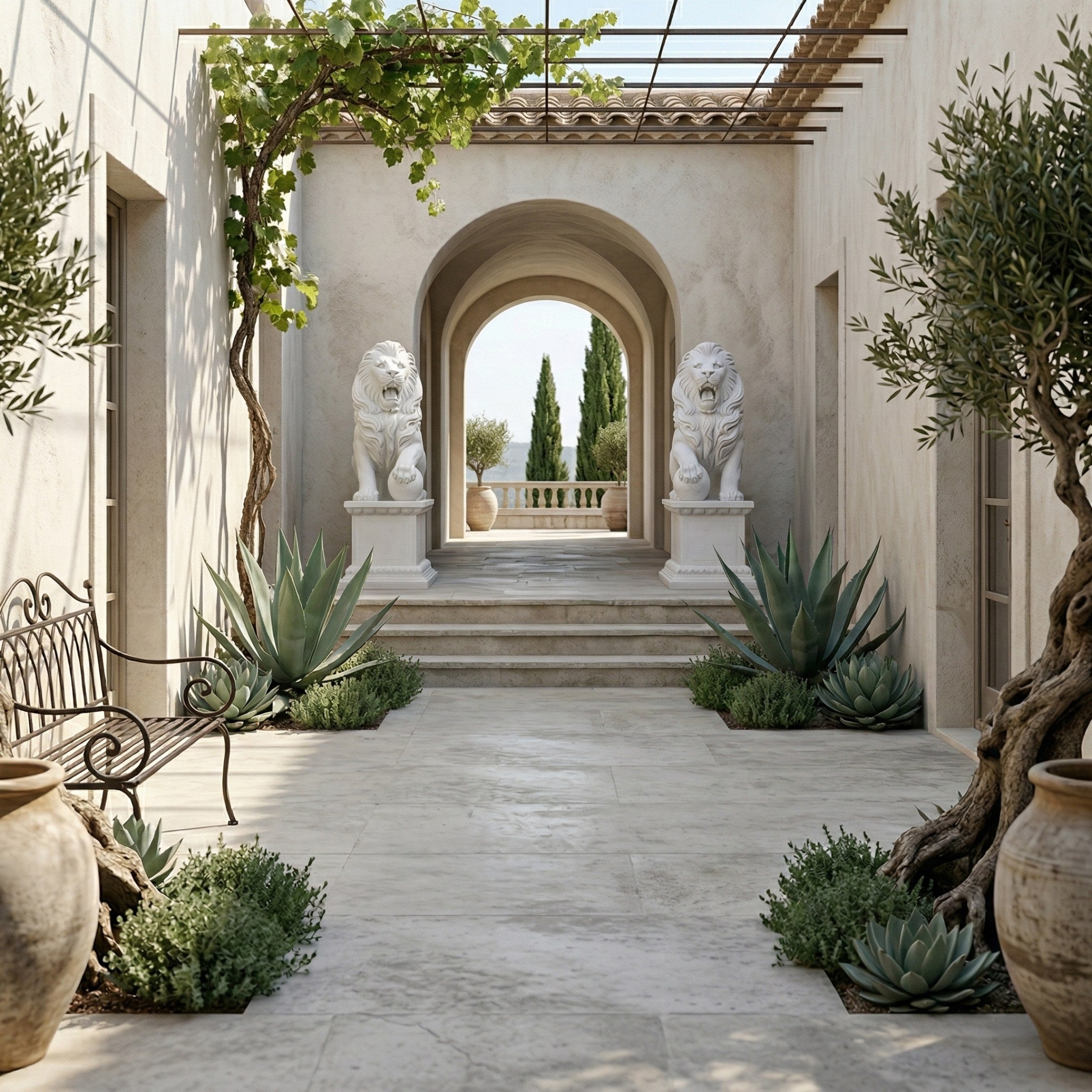 A sunlit Mediterranean courtyard features stone flooring, a metal bench, potted plants, and two Giant Sculptures Lion With Ball Marble Outdoor Sculptures (180cm) flanking the arched entry. A terrace with cypress trees completes the classic look.