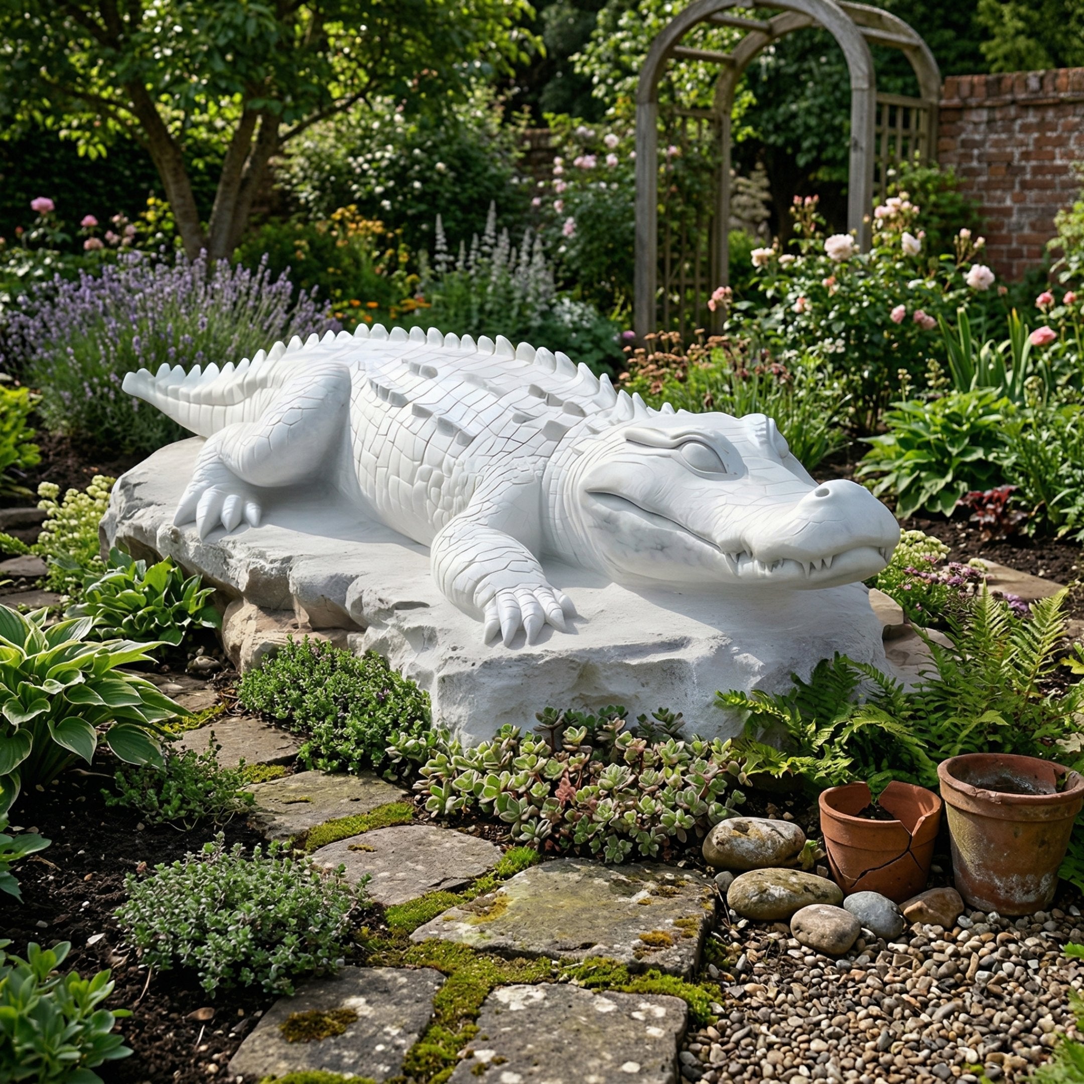 The Crocodile I White Marble Outdoor Sculpture by Giant Sculptures (60cm) sits on a stone platform in a lush garden, surrounded by flowering and potted plants, green foliage, stone pathways, and a wooden garden arch.