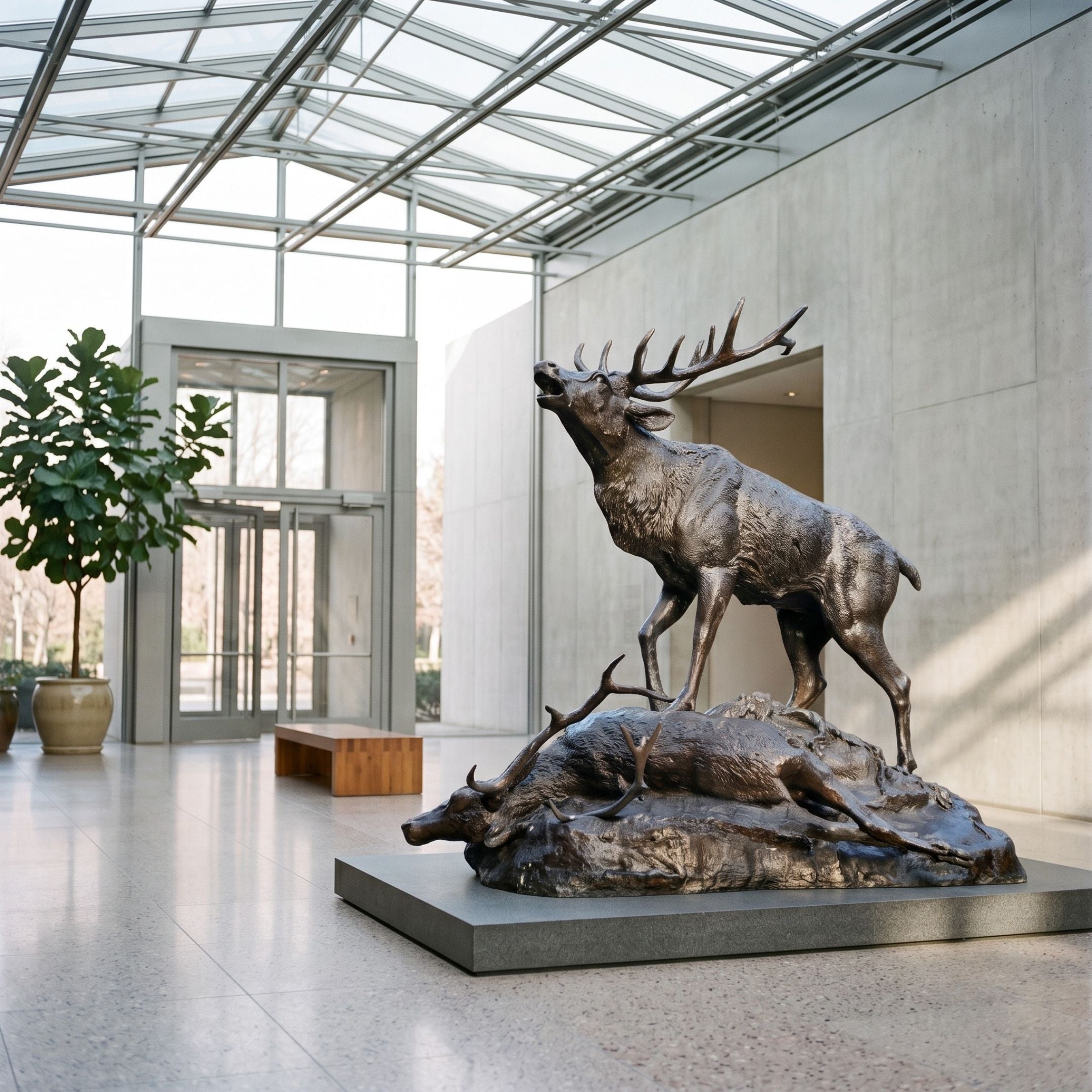 Giant Sculptures Monumental Bugling Elk and Fallen Deer Bronze Sculpture in dark brown patina displayed on a grey plinth in a bright glass-roofed atrium.