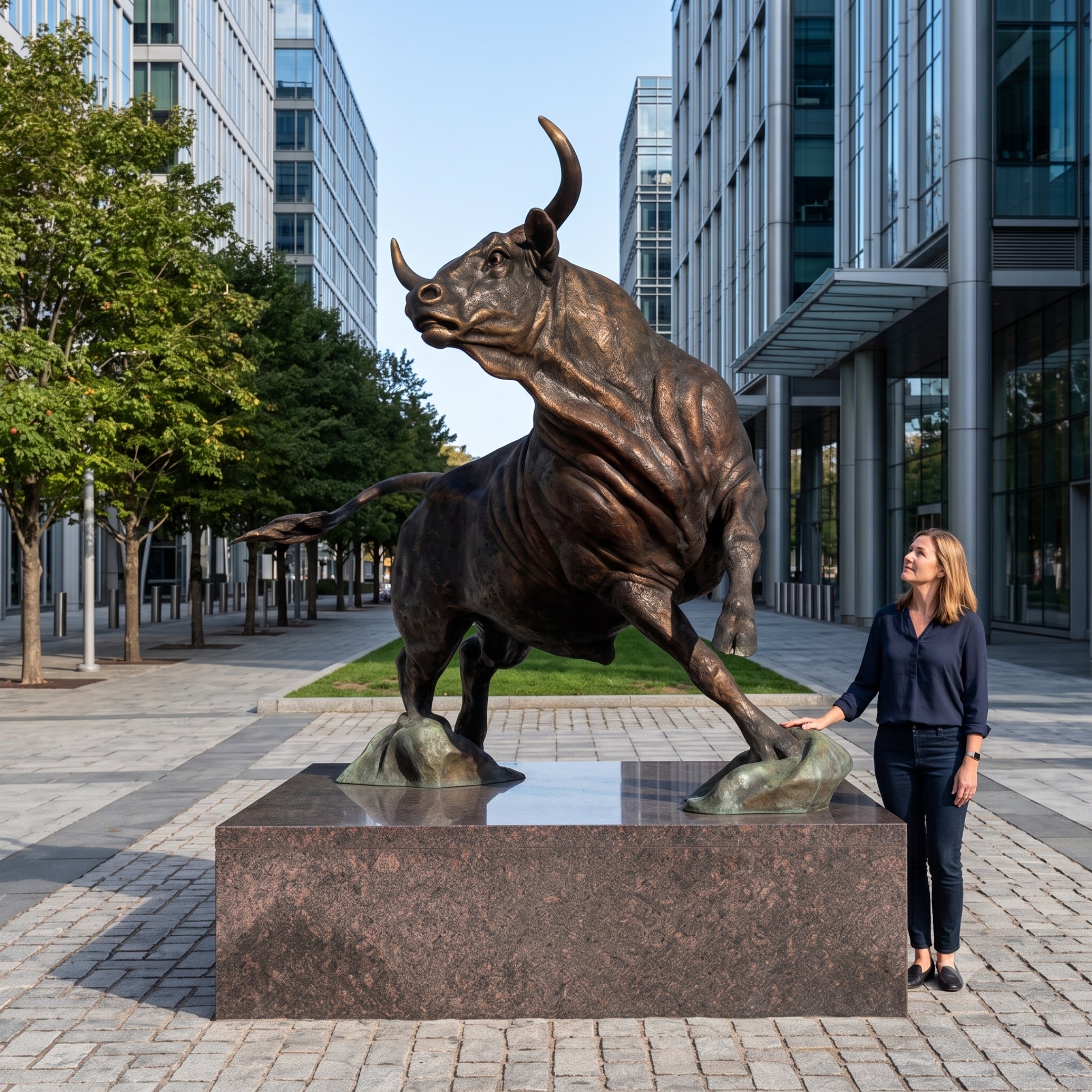 Monumental Charging Bull Bronze Sculpture by Giant Sculptures at 300cm, shown on a granite plinth beside a woman for scale in a modern city plaza.
