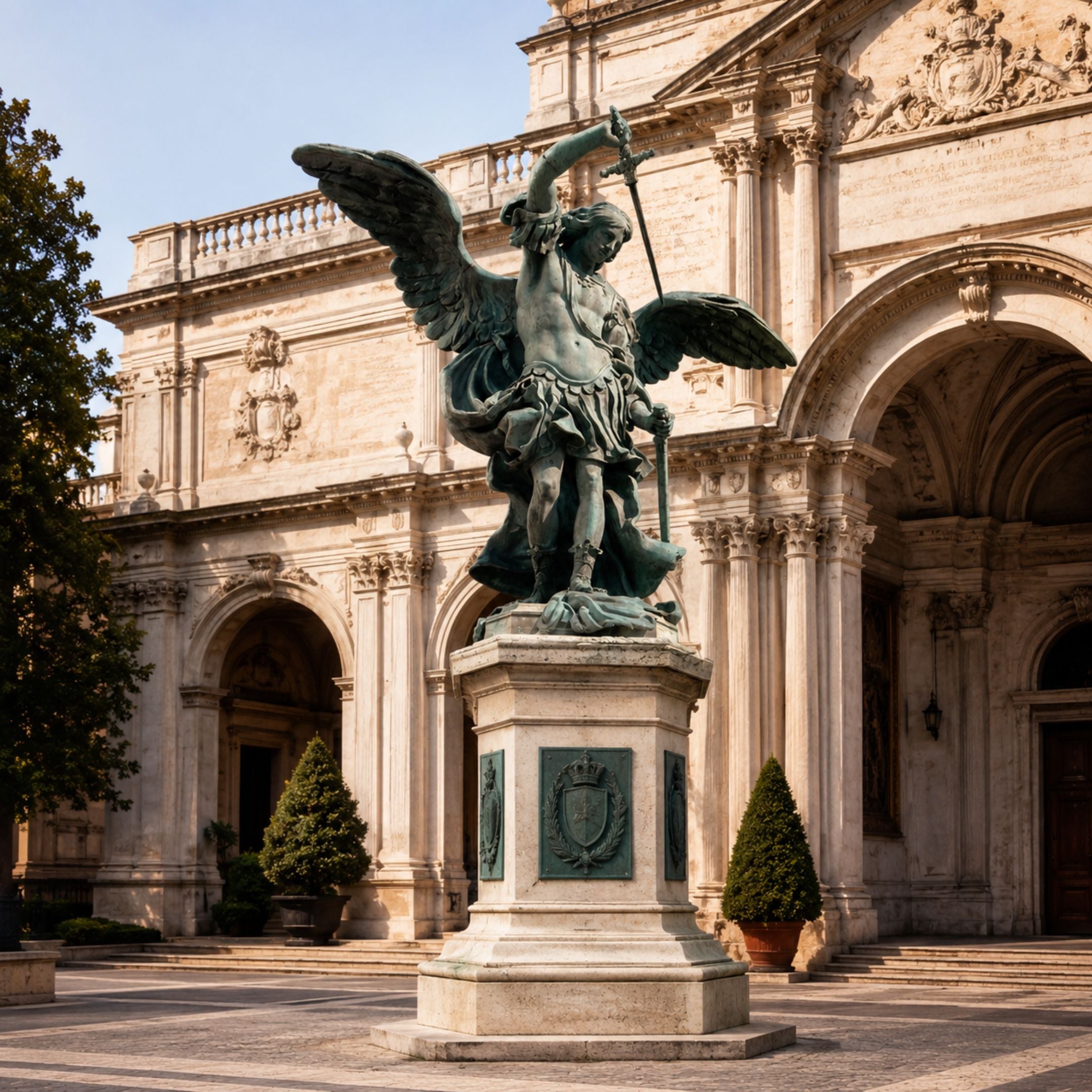 Monumental Classical Archangel Michael Bronze Sculpture by Giant Sculptures, 300cm verdigris figure with raised sword on stone column outside a classical building.